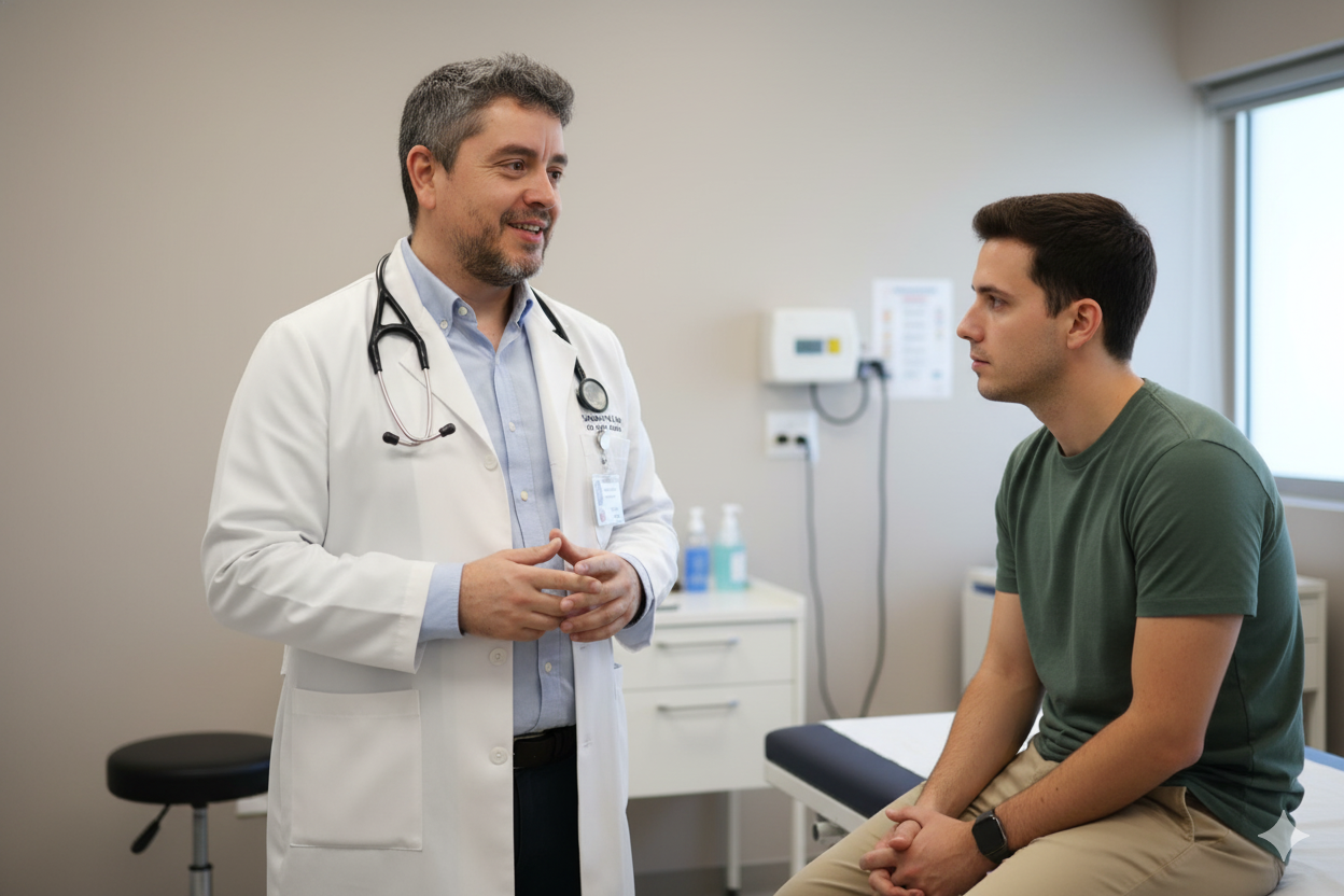 Médico examina um paciente jovem em um consultório