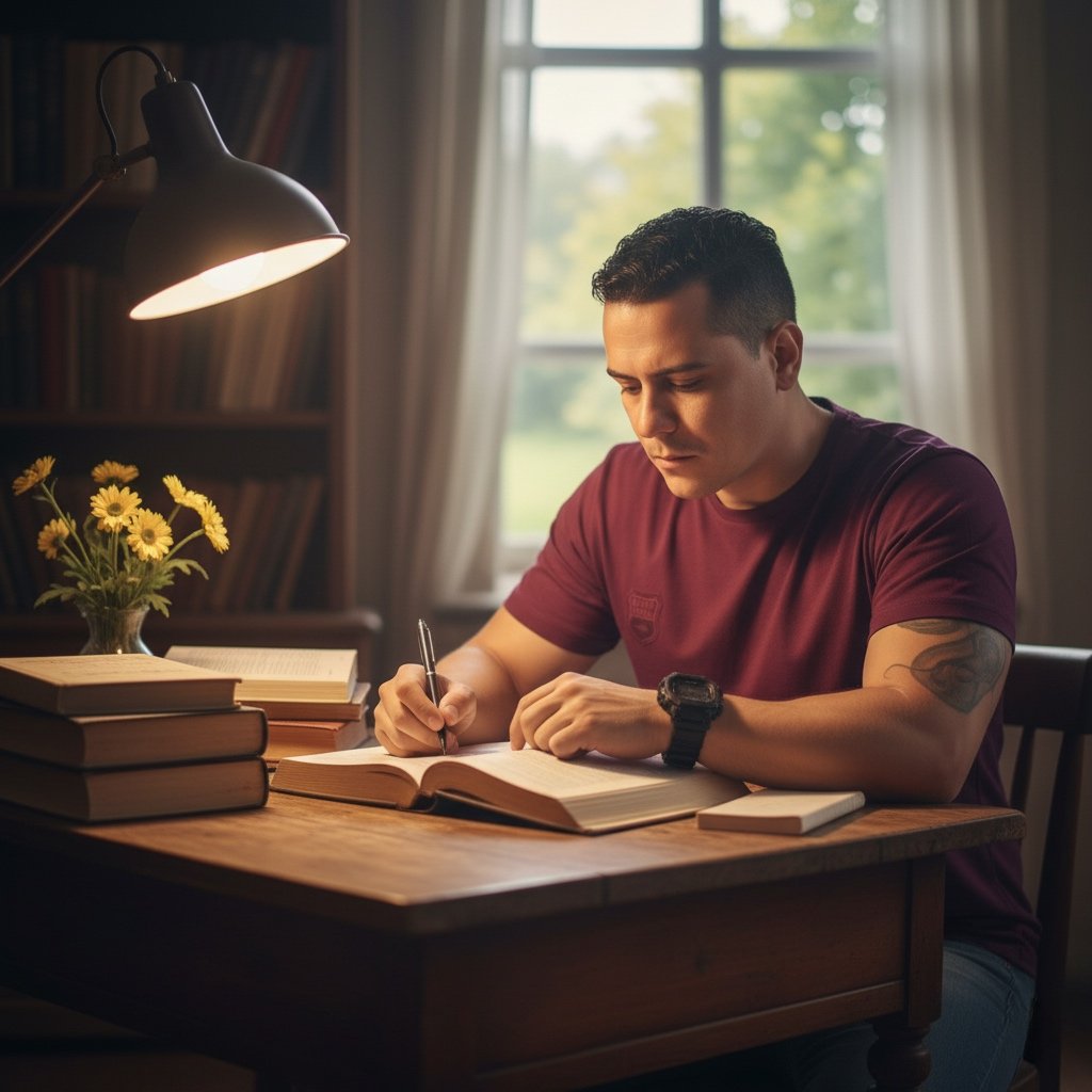 Psicólogo estuda casos e literatura a respeito em uma sala aconchegante