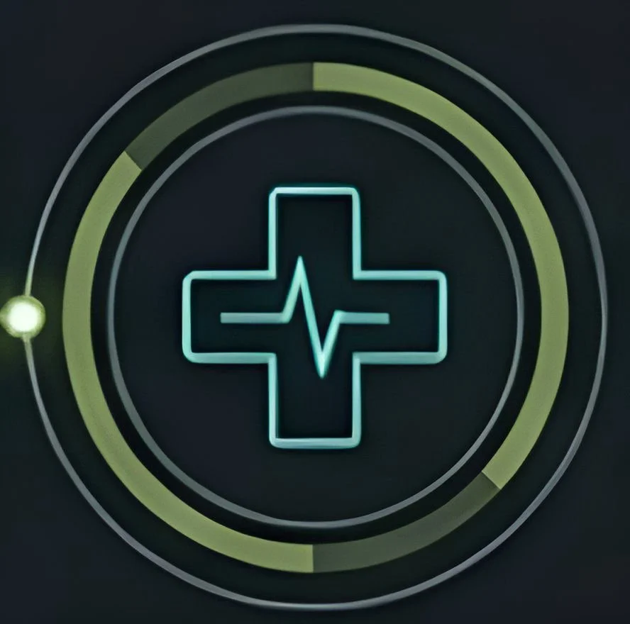 Símbolo de cruz médica com linha de pulso no centro, cercado por círculos concêntricos e elementos visuais de monitoramento de saúde. Fundo escuro.