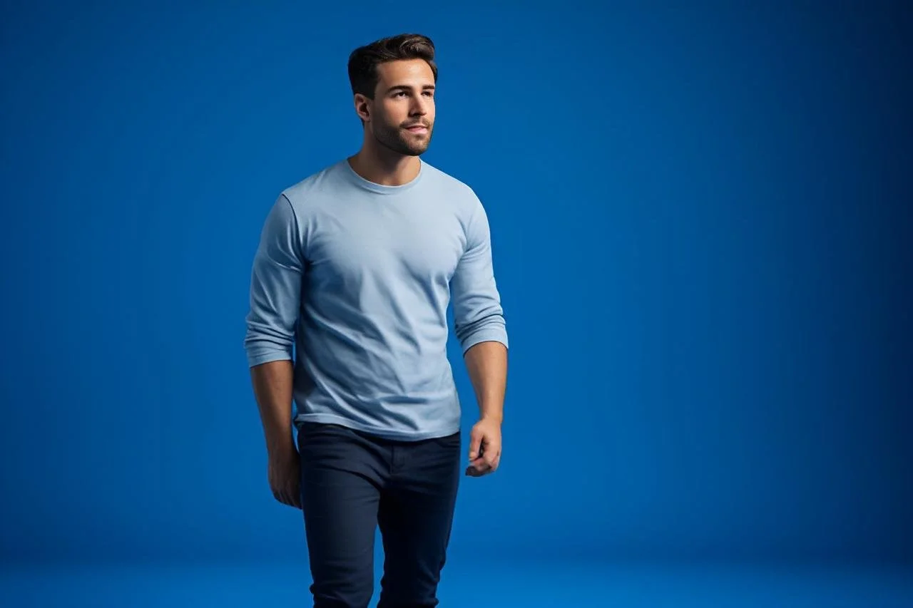 Homem com cabelo castanho, barba curta, usando blusa azul clara e calça escura, em pé contra fundo azul.