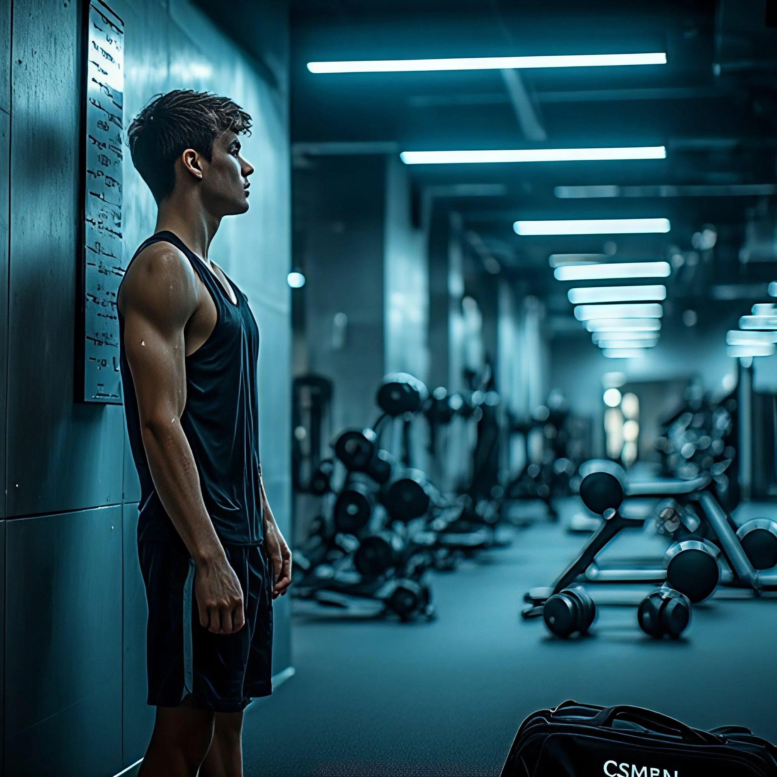 Jovem está em pé próximo a uma régua atropométrica fixada à uma parede em uma academia