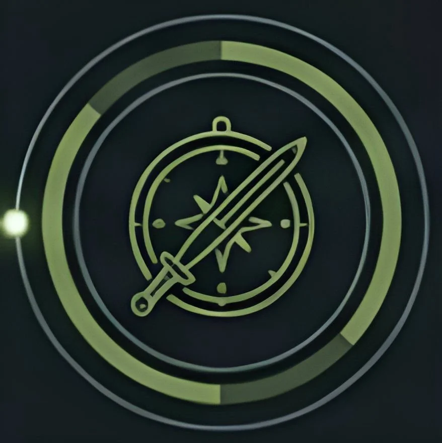 Descrição de uma tela de HUD com símbolo de uma bússola, um relógio e uma espada, com cores em tons de verde e preto.