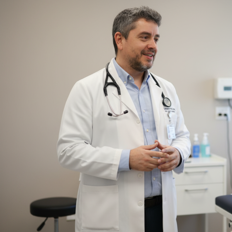 Dr Alexandre Fonseca Santos, médico, de jaleco branco  e estetoscópio no pescoço, em atendimento em uma sala de consultório médico.