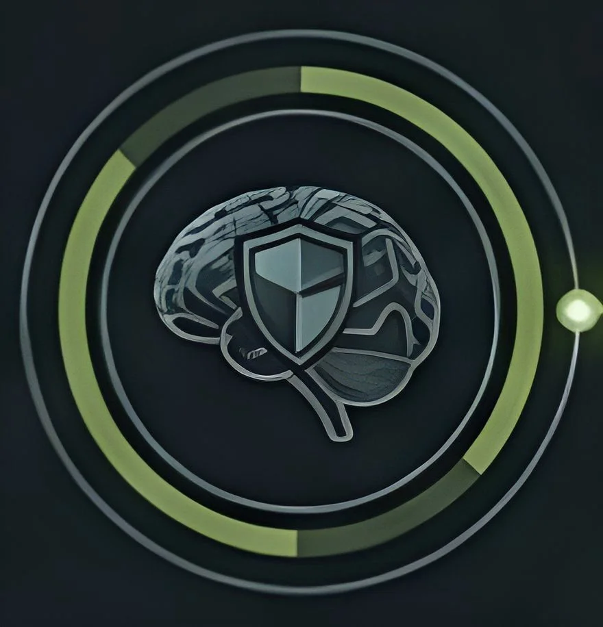 Ilustração digital de um cérebro com um escudo de proteção na parte central, cercado por círculos concêntricos verdes e cinzas.