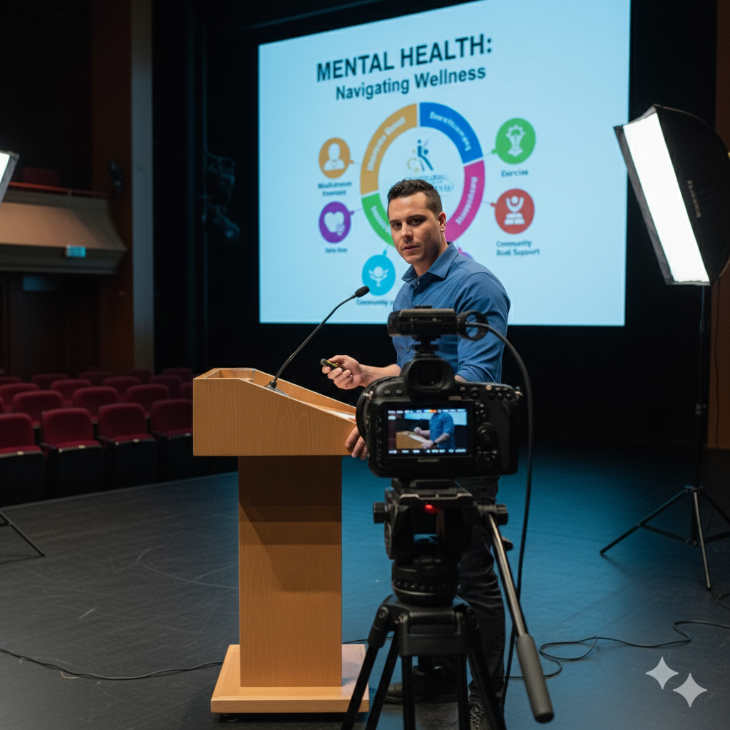 Homem fazendo uma apresentação sobre saúde mental em uma palestra, com slide projetado ao fundo e equipamento de gravação diante dele.