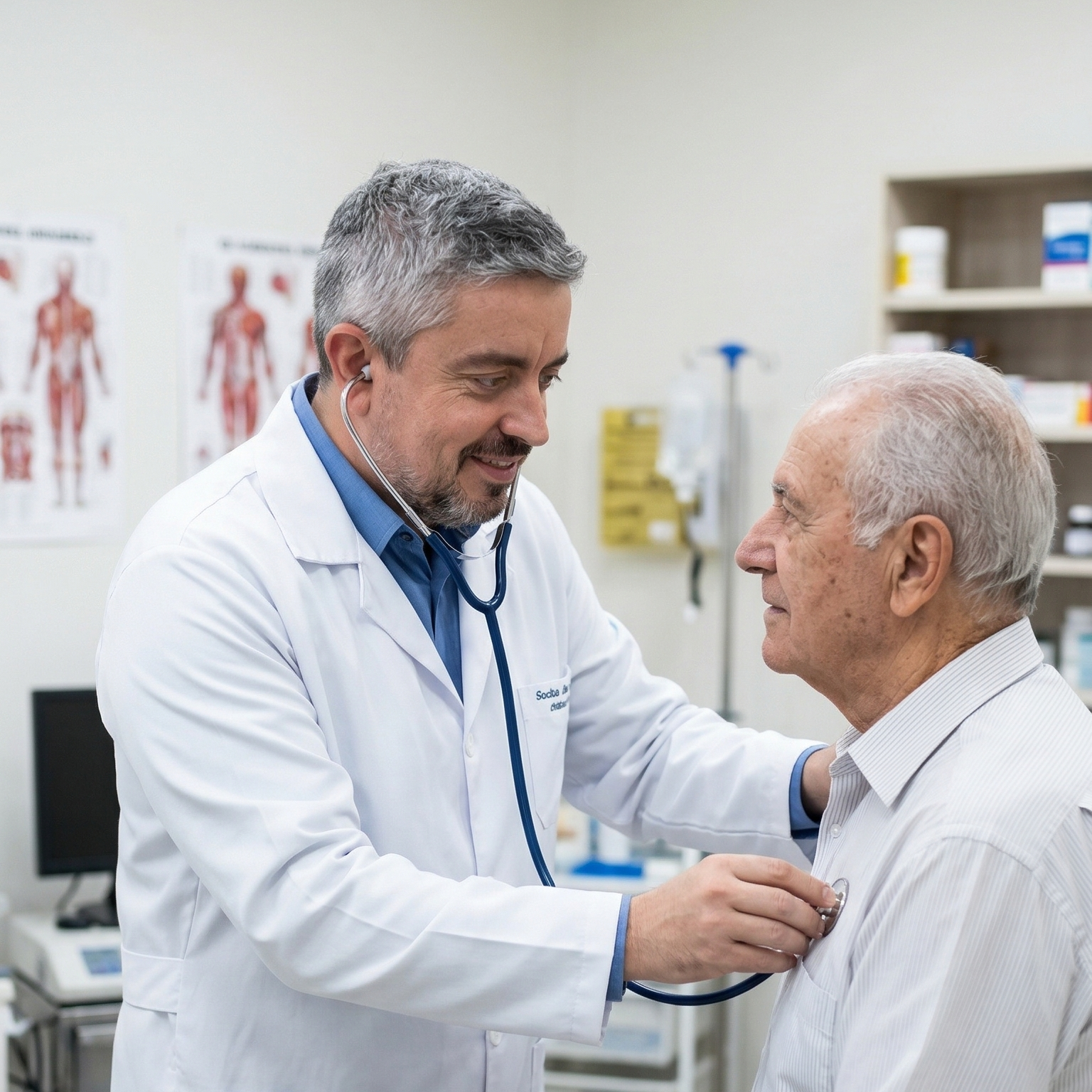 Médico examina paciente idoso em um consultório