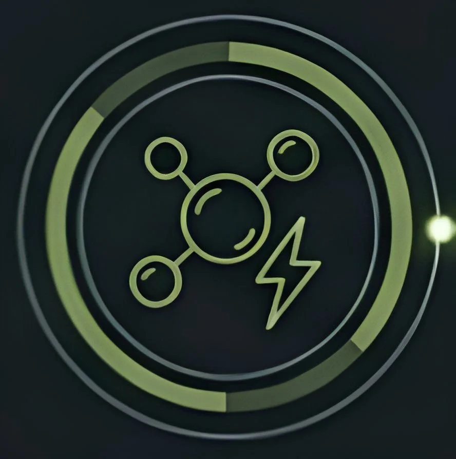 Ícone de uma molécula com três círculos ligados a um círculo central e um raio, representando energia ou eletricidade, em cores verde-acinzentadas.