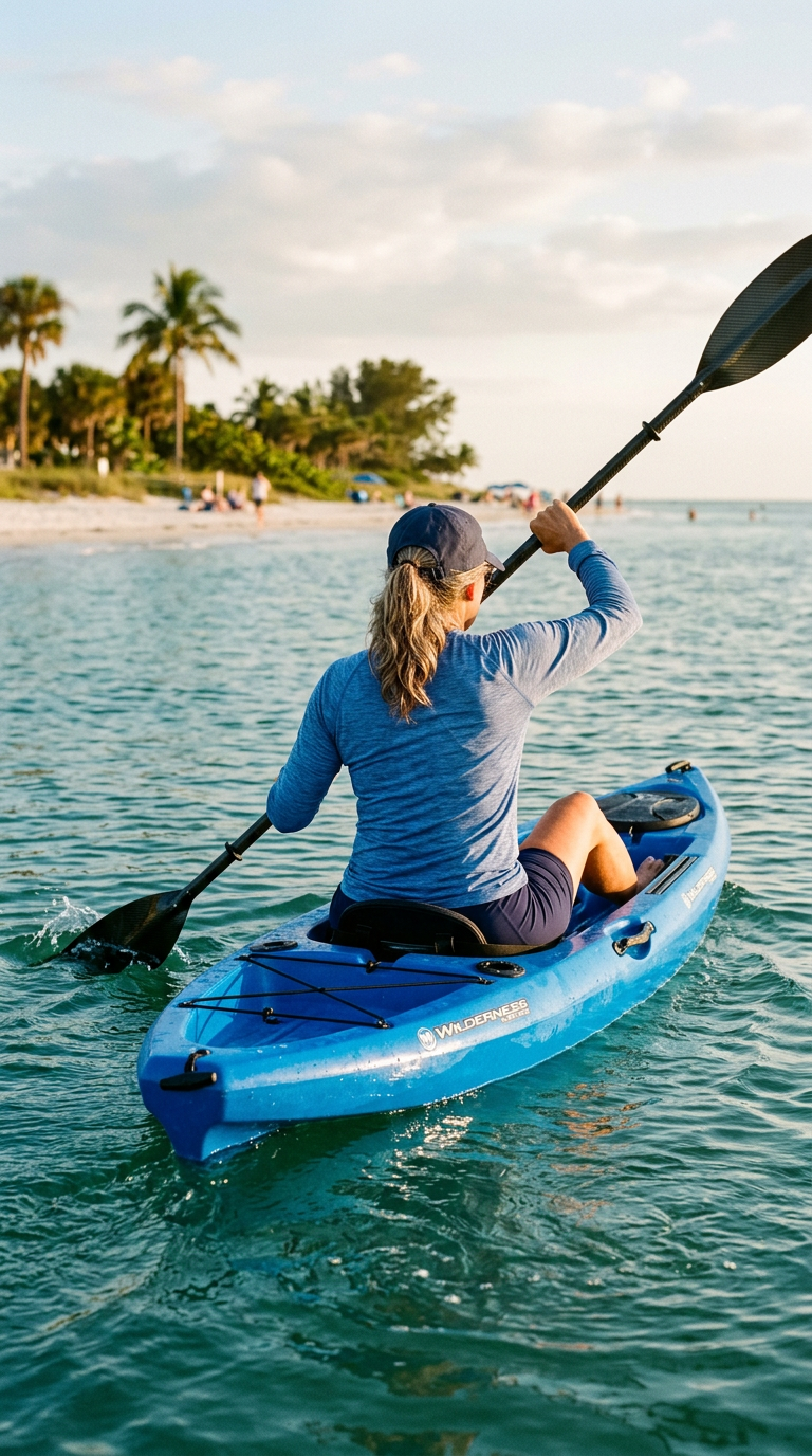 A woman kayaking on the water near a beach with palm trees and people in the background.