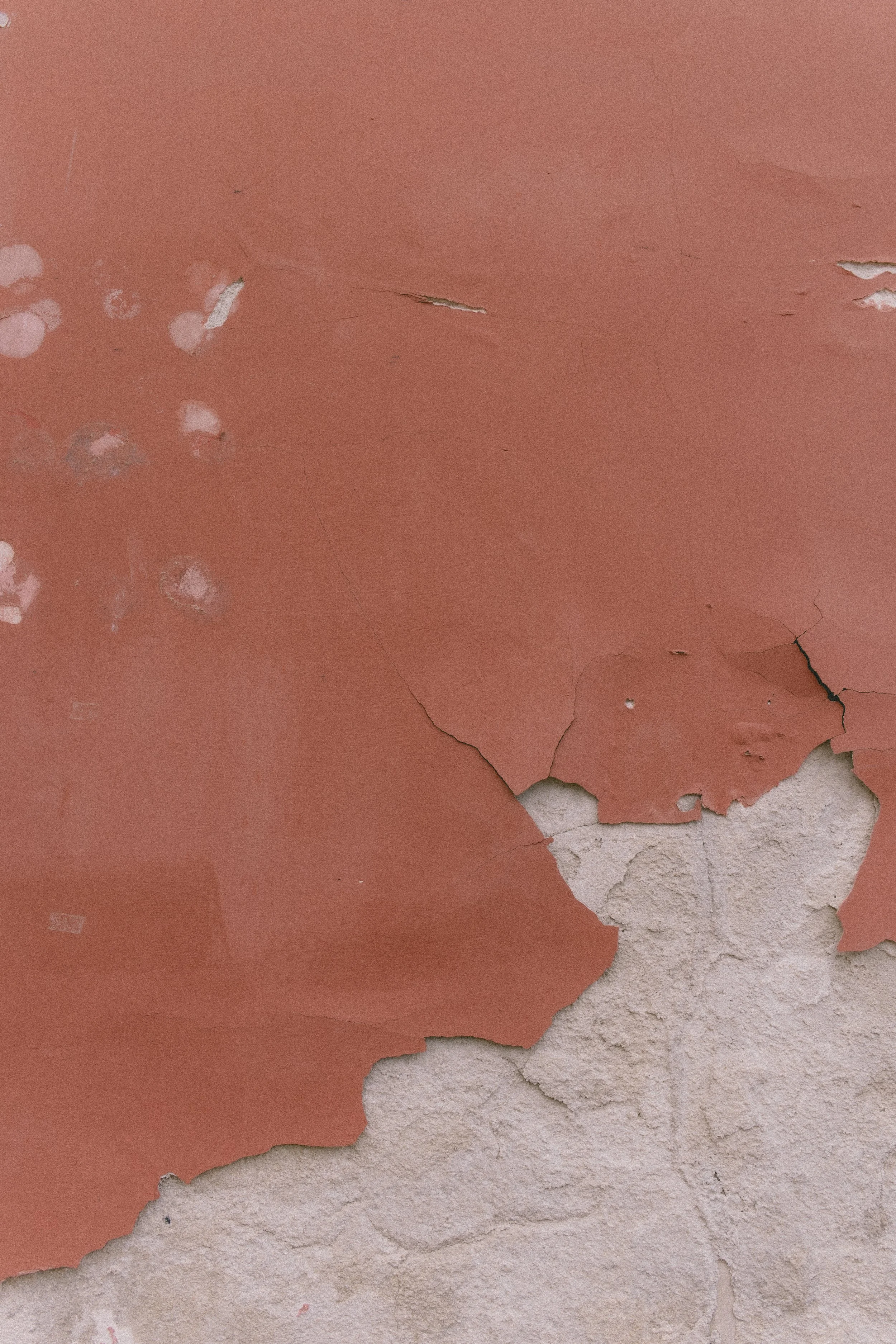 Close-up of peeling pink and beige paint on a wall, revealing cracks and rough texture underneath.