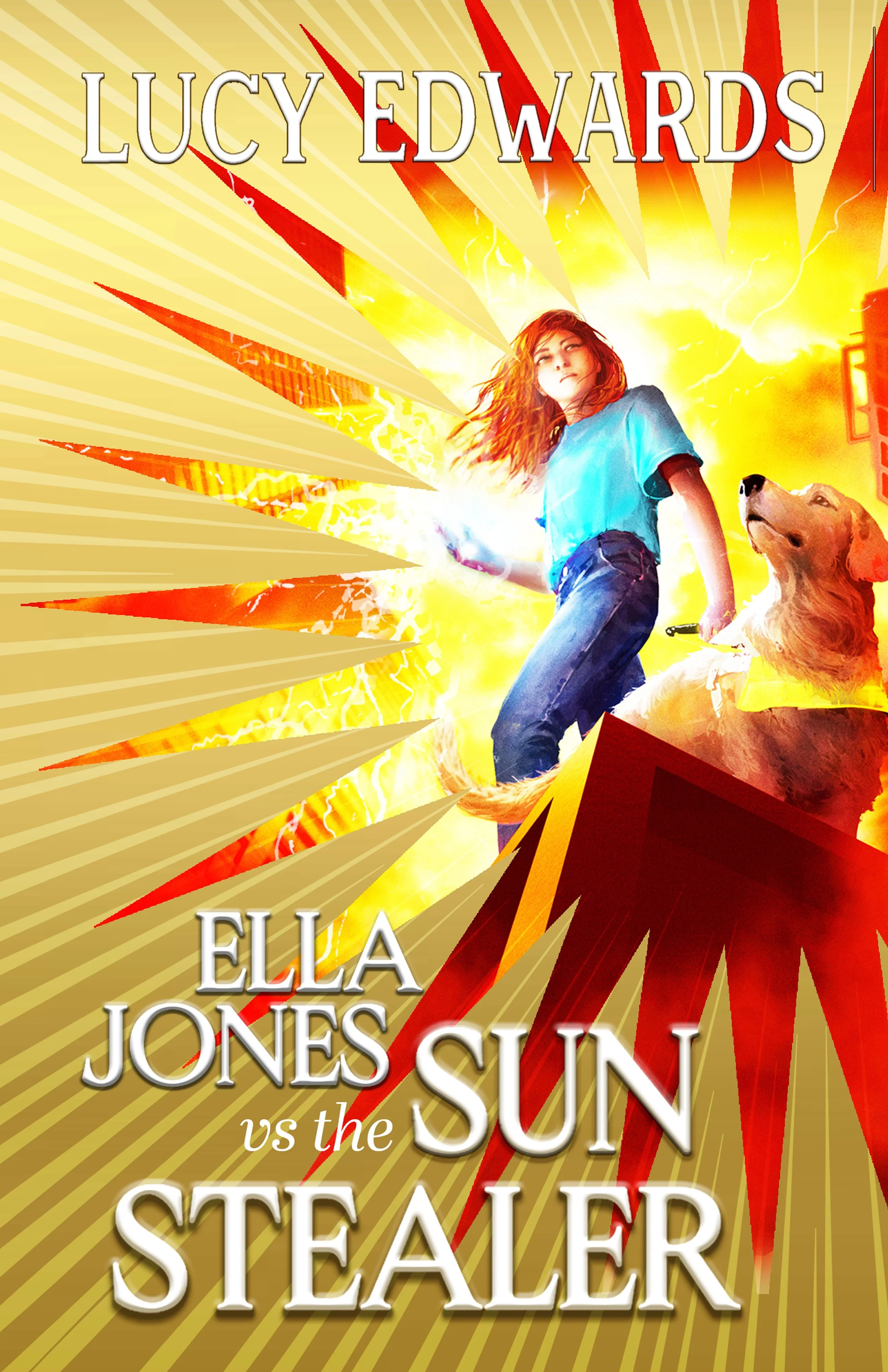 Cover of Ella Jones Vs The Sun Stealer by Lucy Edwards, showing red-haired Ella with guide dog Maisie amid golden sunburst rays and crackling lightning