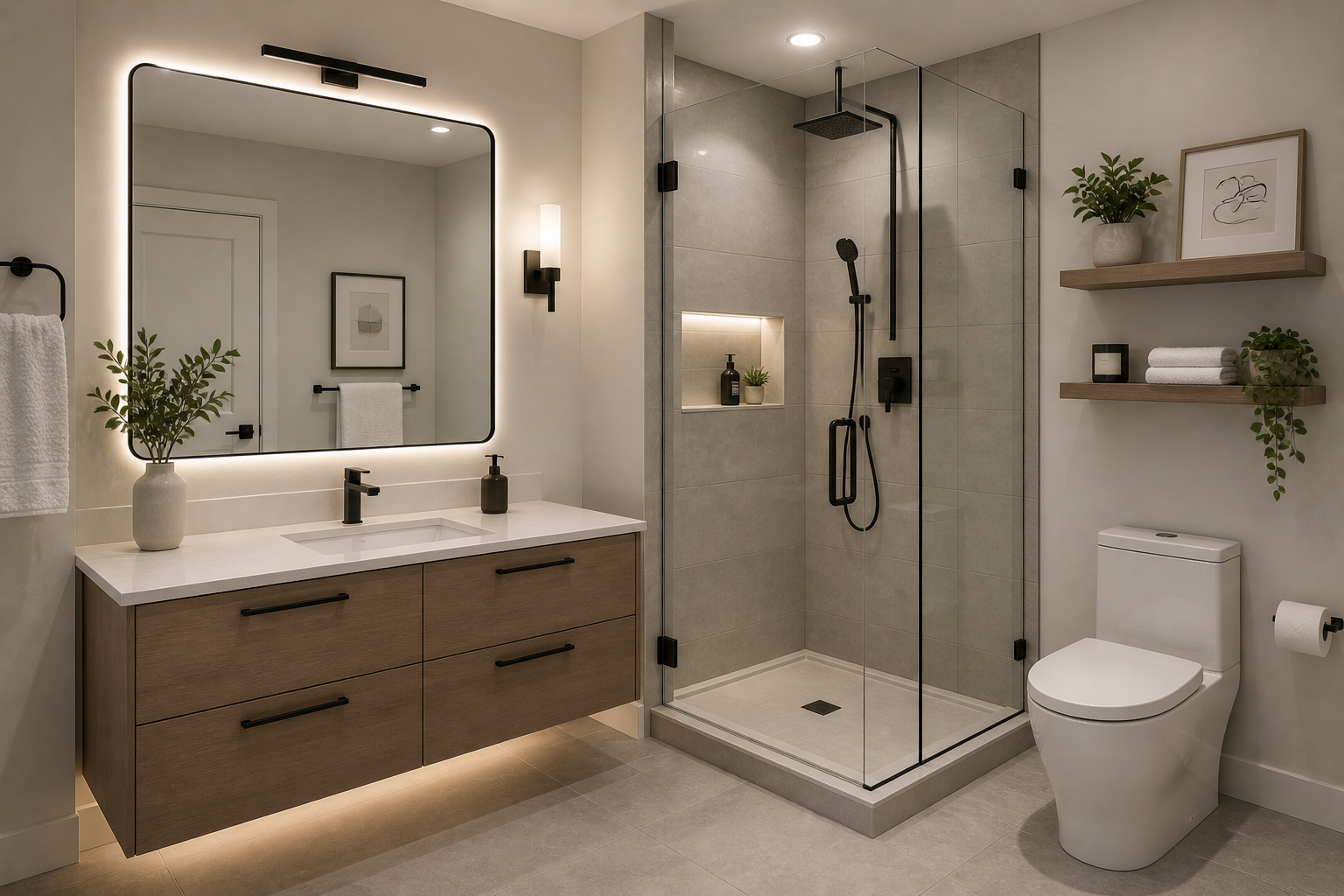 Modern bathroom with wooden vanity, illuminated mirror, glass-enclosed shower, and a toilet, decorated with potted plants, towels, and minimalist artwork.