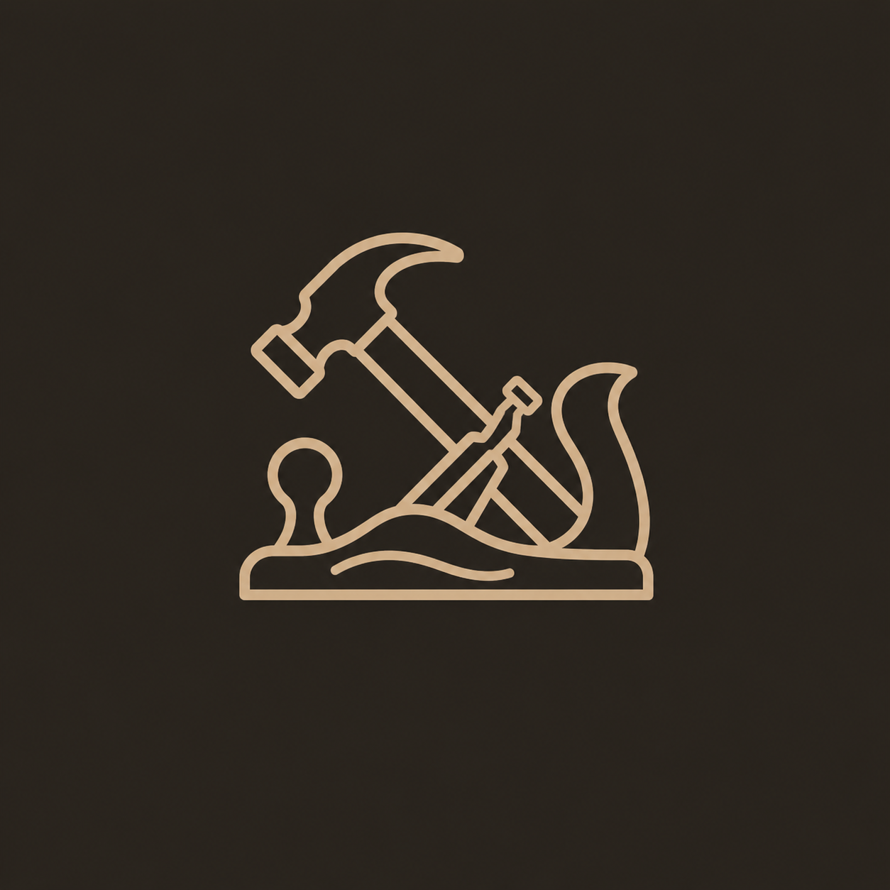Line drawing of a hammer, chisel, and a curled piece of material, likely representing craftsmanship or carpentry.
