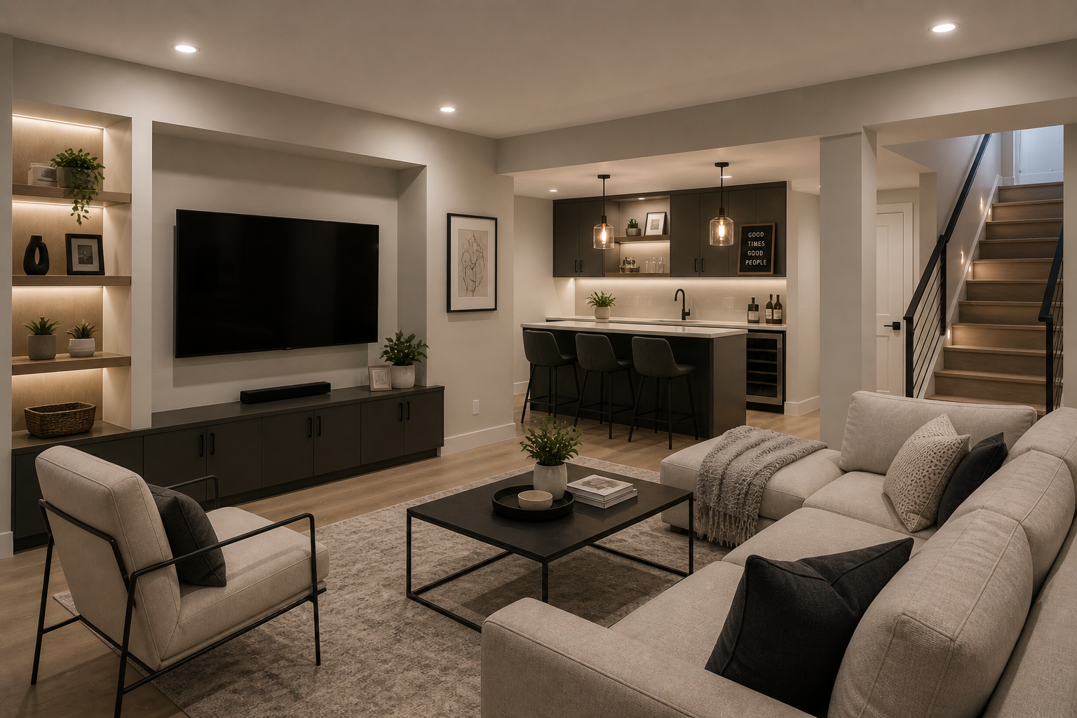 Modern open-concept living room with a wall-mounted flat-screen TV, beige sofa with decorative pillows, armchair, black coffee table, and a built-in entertainment unit. In the background, a kitchen with black cabinets, a breakfast bar with black chairs, pendant lighting, and stairs leading upstairs.
