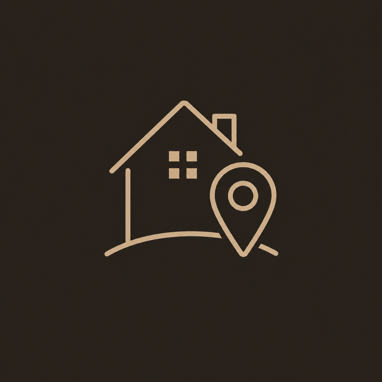 Outline of a house with four windows and a chimney, next to a location pin icon.