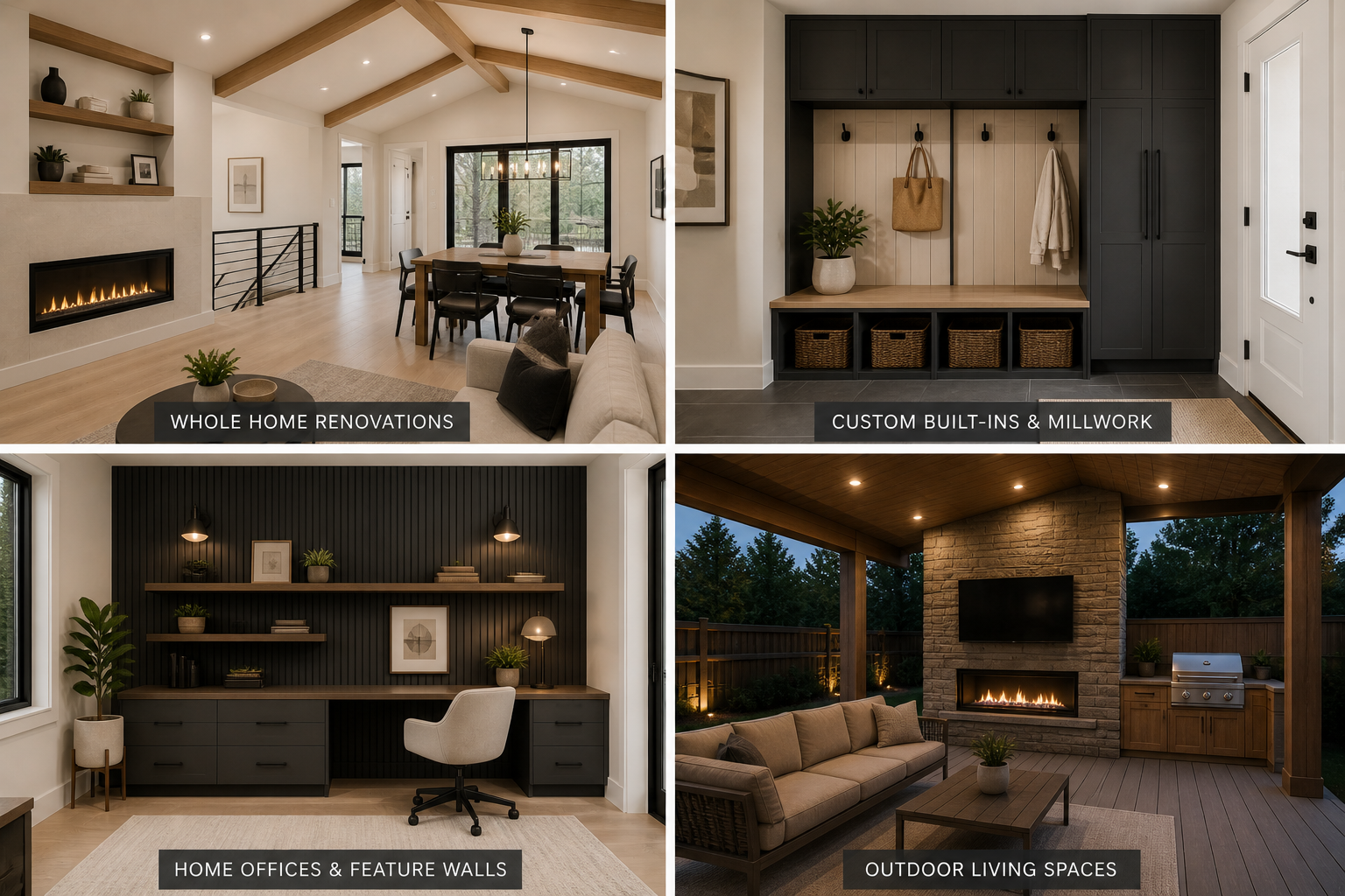 Top left: Living room with high ceiling, fireplace, dining table, and large windows. Top right: Mudroom with custom built-ins, baskets, and hooks. Bottom left: Home office with black feature wall, desk, and shelves. Bottom right: Outdoor living space with fireplace, seating, and outdoor kitchen.