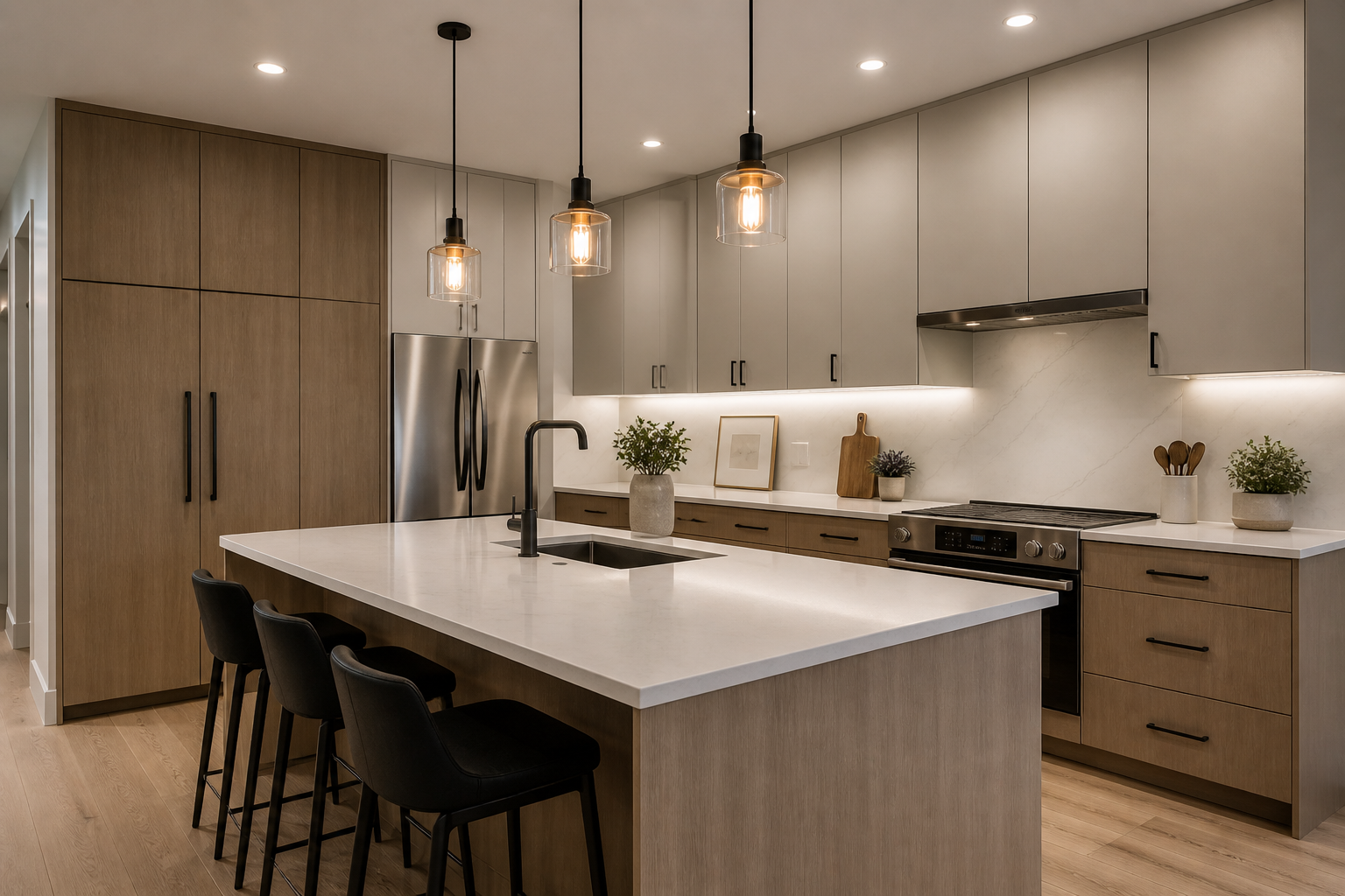 Modern kitchen with light wood cabinets, white countertops, black bar stools, stainless steel refrigerator, and pendant lighting.