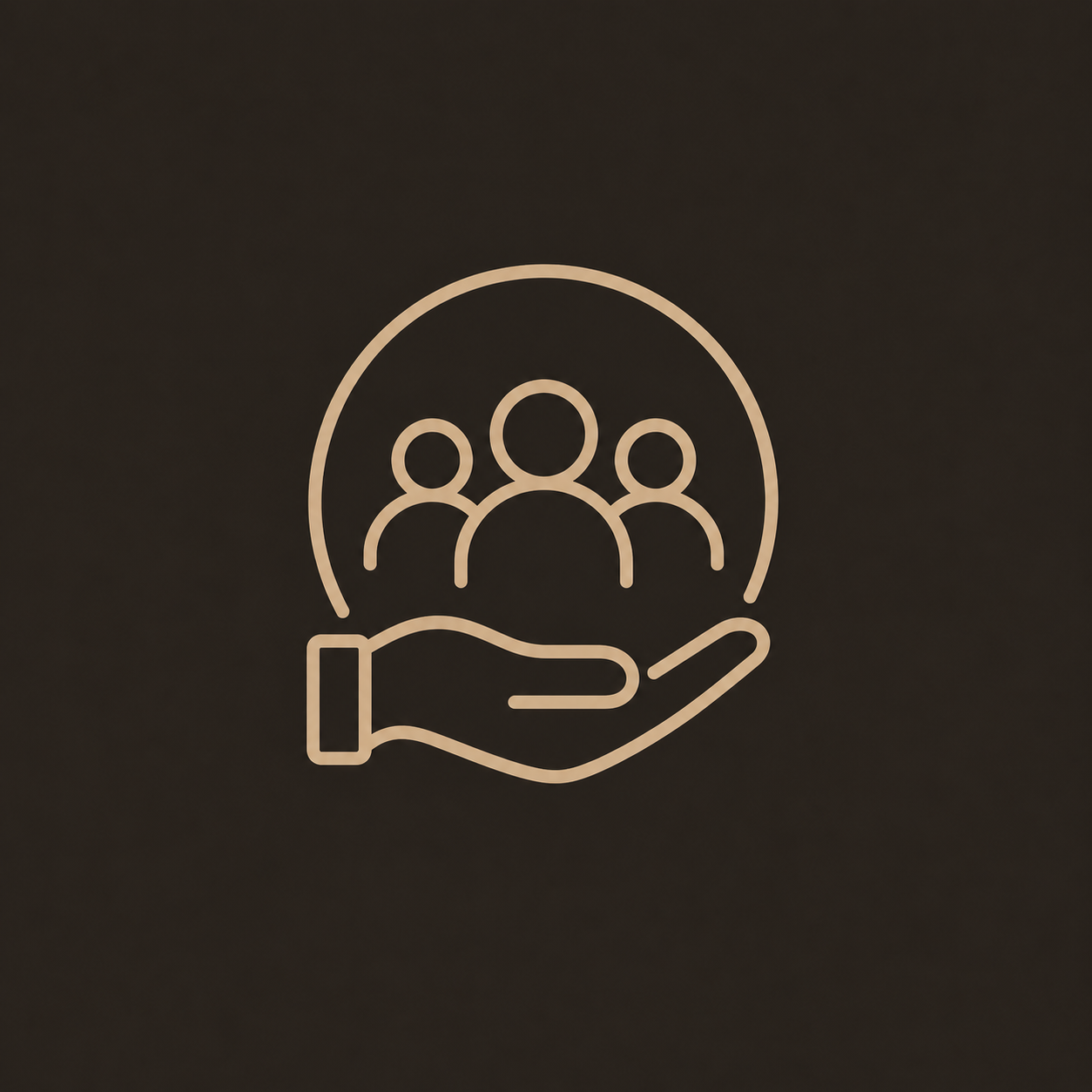 A minimalist line drawing of a hand holding a group of three people with a circle around them, symbolizing support or community.