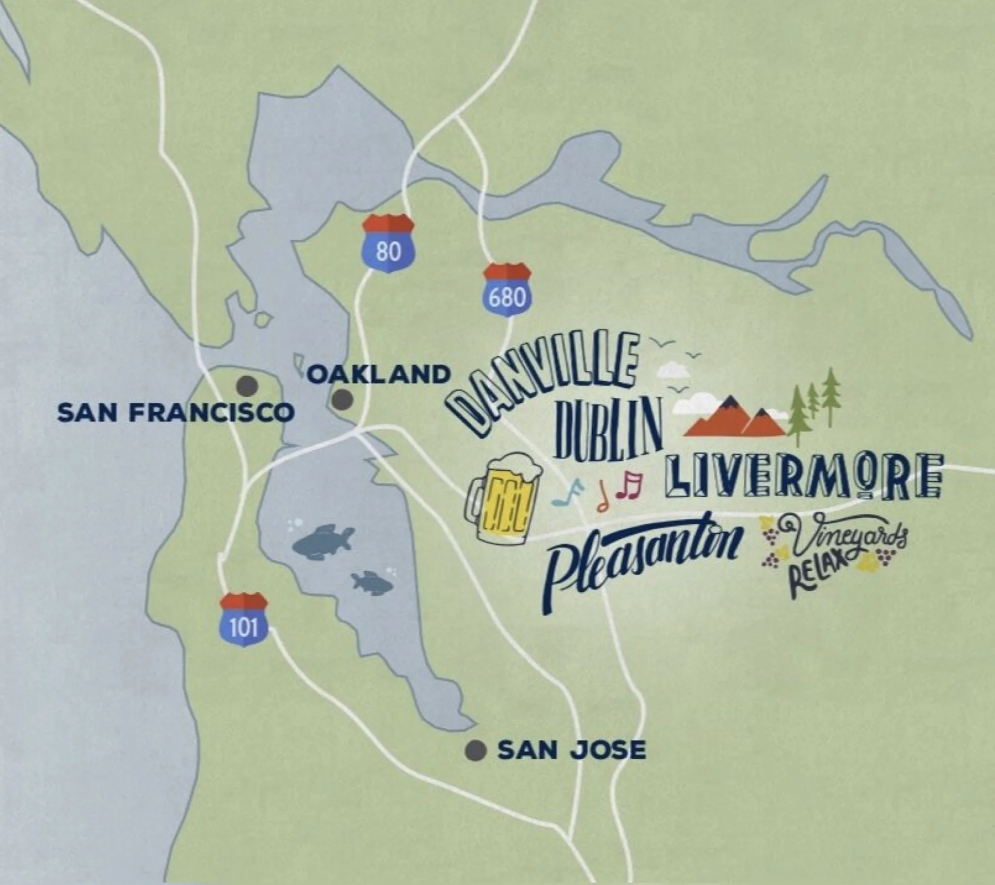 Tri-Valley Map showing sections of California, including San Francisco, Oakland, and San Jose, with highways 80, 680, and 101 indicated.