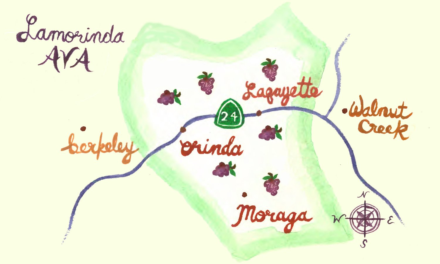 Hand-drawn map of the area around Lamorinda, California, showing towns such as Lafayette, Orinda, Moraga, Walnut Creek, Beepkeley, and San Francisco with illustrated grapes and a compass rose.
