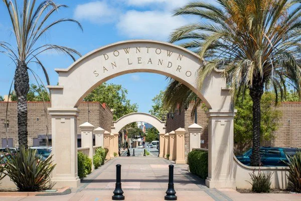 Entrance archway to Downtown San Leandro with palm trees and a clear blue sky