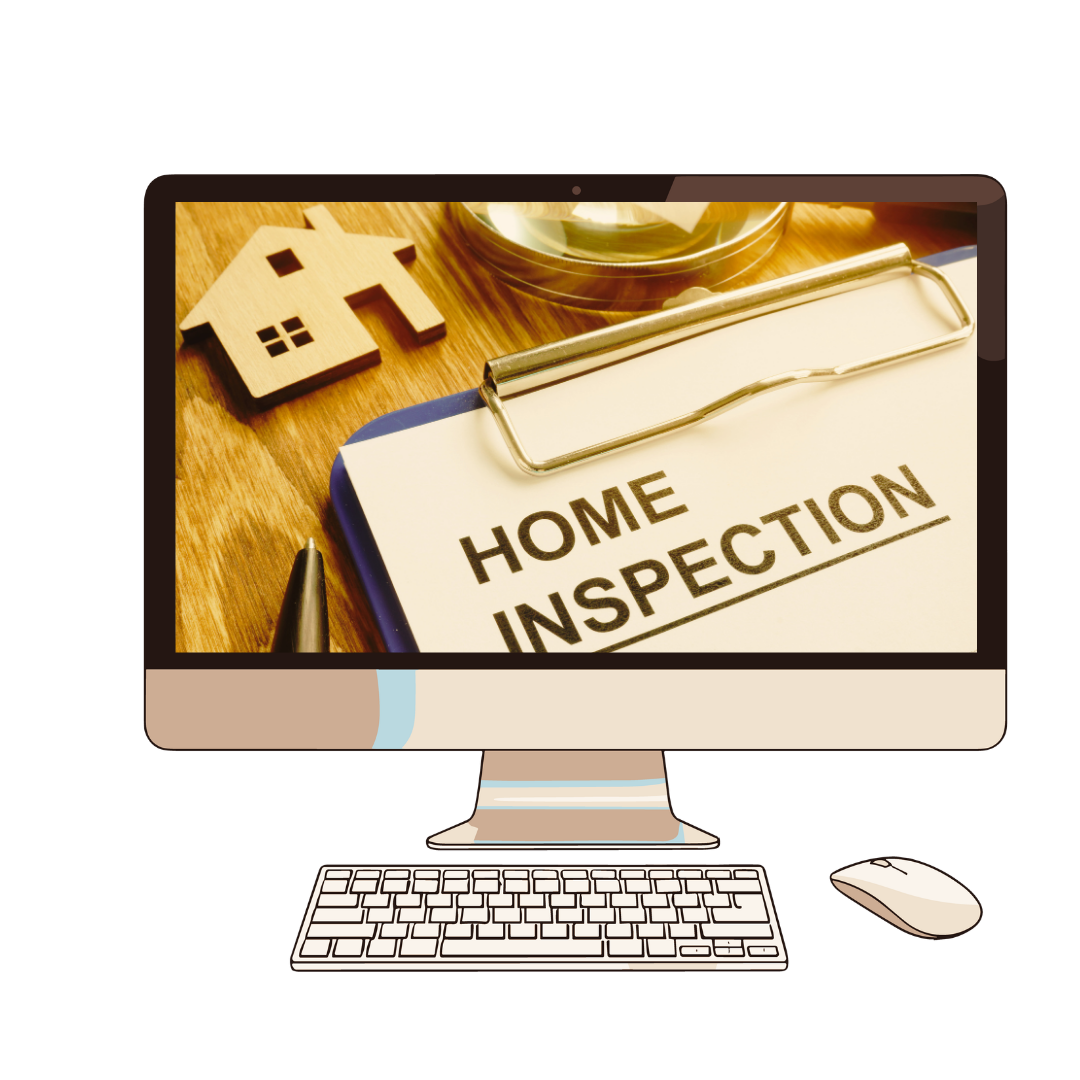 Computer monitor displaying a document titled "Home Inspection" with a pen nearby, a small wooden house model, and a round glass container on a wooden surface.