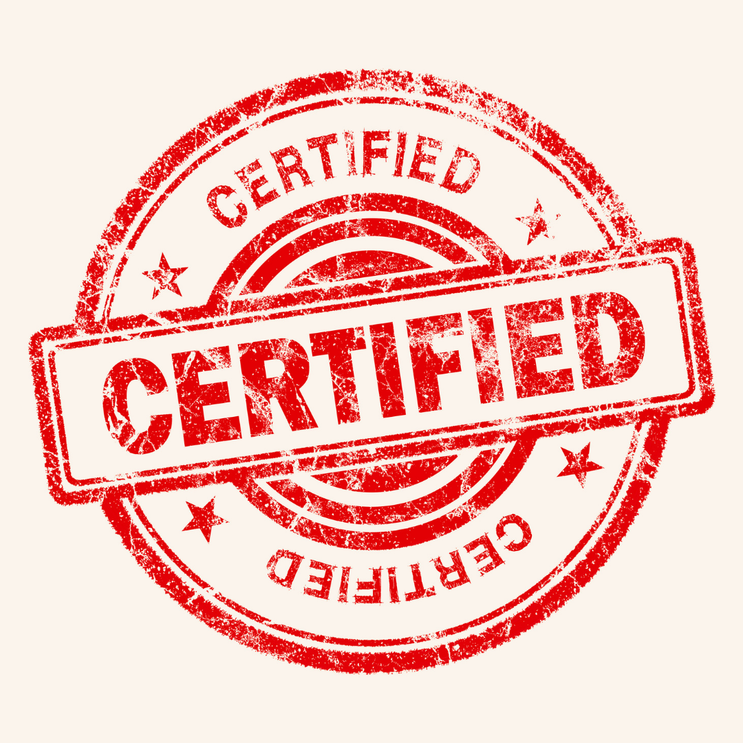 Red stamped circular certification mark with the word "CERTIFIED" across the center in bold letters, surrounded by small stars and the word "CERTIFIED" repeated at the top and bottom.