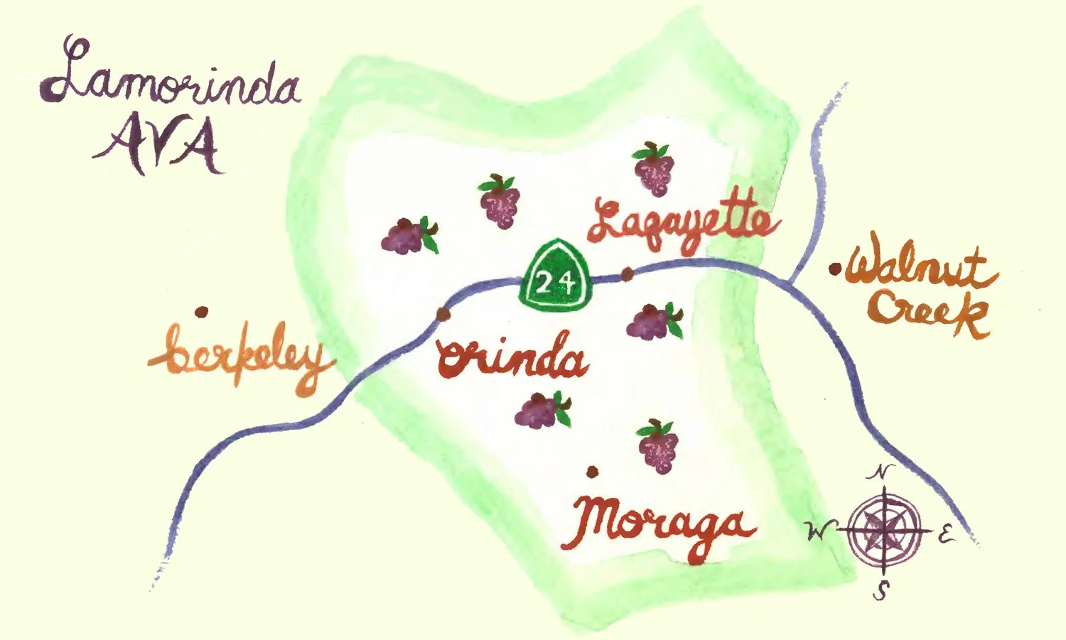 Hand-drawn map of Lamorinda (Lafayette, Moraga & Orinda) with illustrations of grapes and a compass rose.