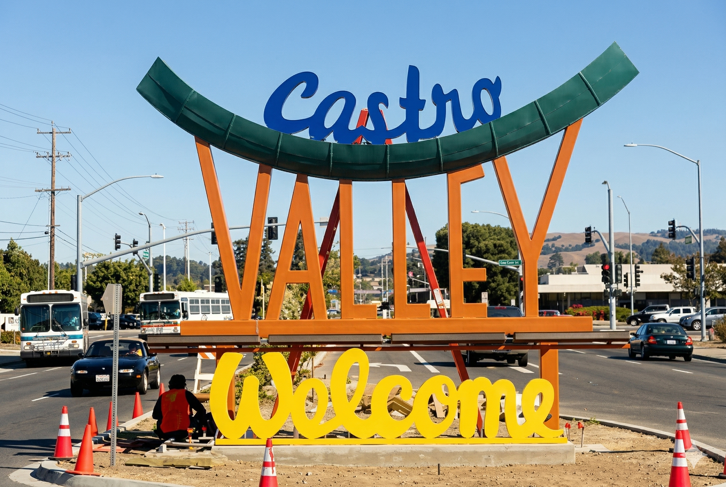 Sign that reads 'Cashto' with large orange 'Welcome' sign and orange traffic cones, situated in a busy urban area with streetlights, cars, buses, and traffic signals.