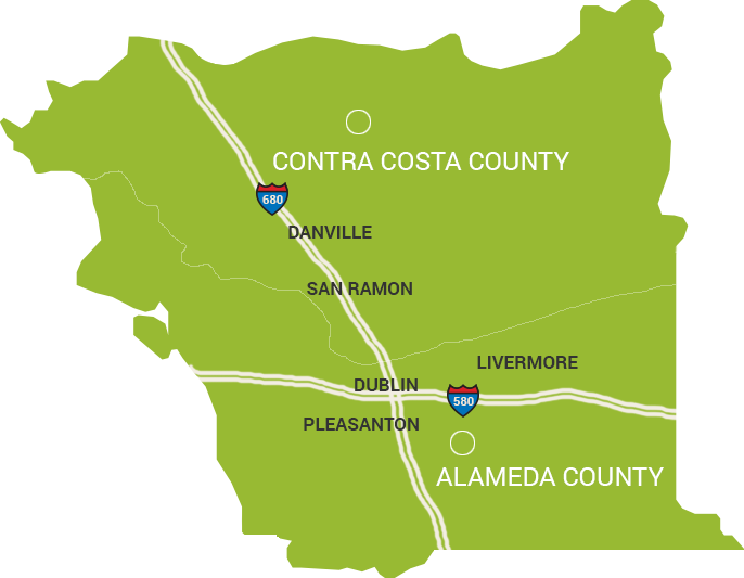 Tri-Valley Map of Contra Costa County and Alameda County in California, showing major highways including Interstate 680 and Interstate 580, and cities such as Danville, San Ramon, Dublin, Pleasanton, and Livermore.