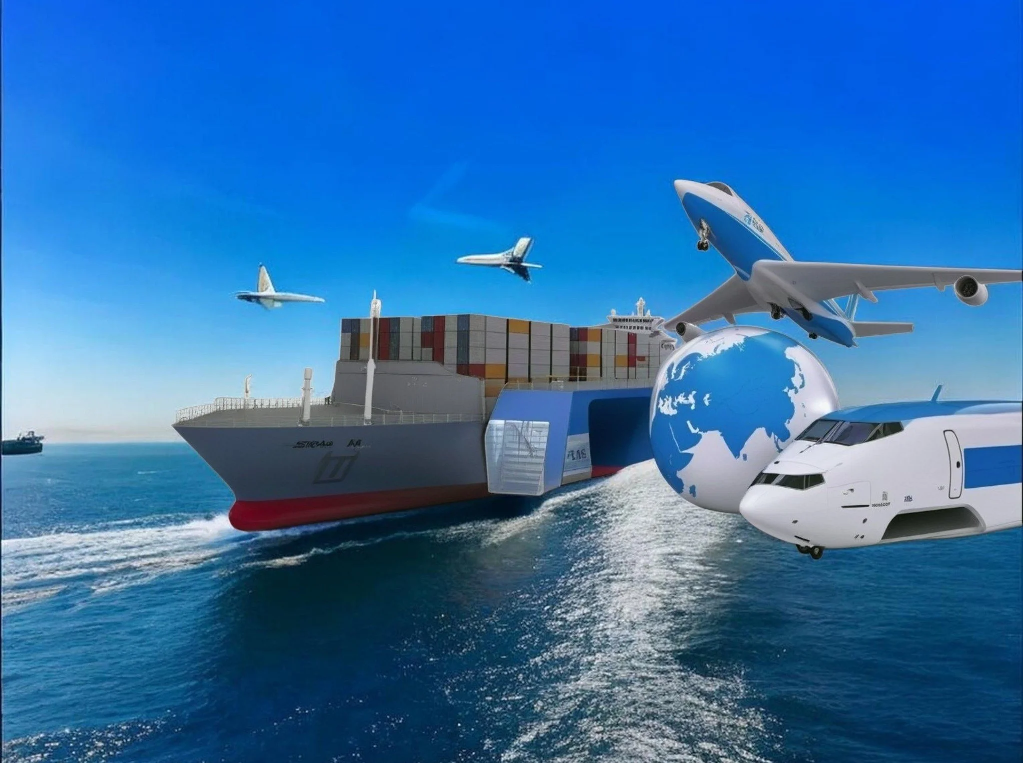 Ships and airplanes in the sky over the ocean.