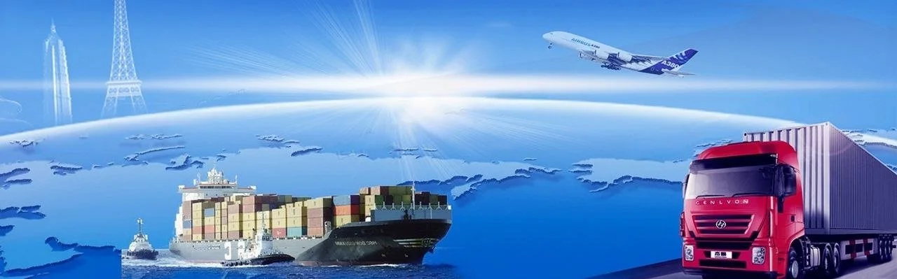 Illustration of global transportation including an airplane, cargo ship, and truck against a blue globe background with outlines of continents and communication towers.