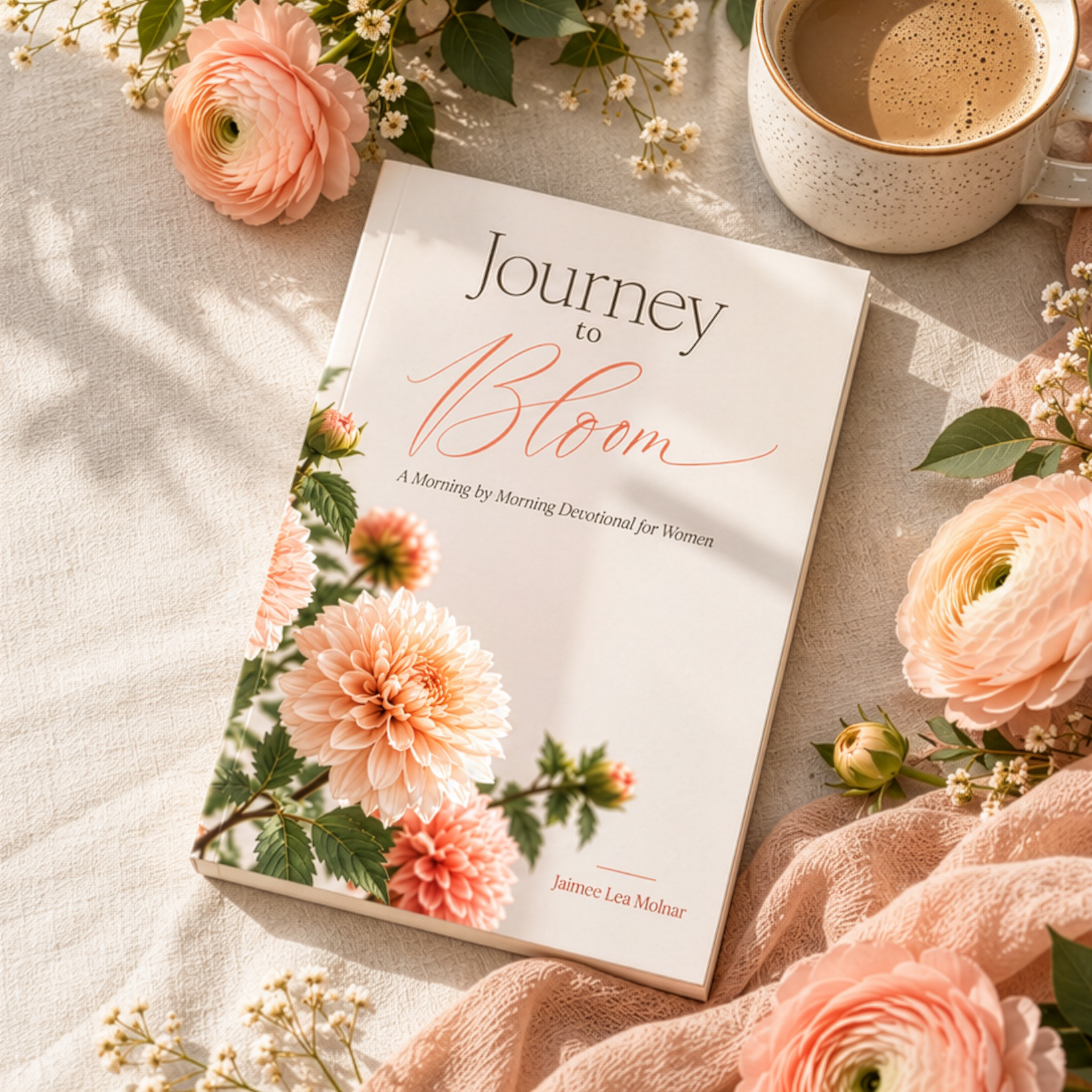 A book titled "Journey to Bloom" by Jaimie Lea Molnar, surrounded by pink flowers and white baby's breath, with a cup of coffee on a beige textured surface.