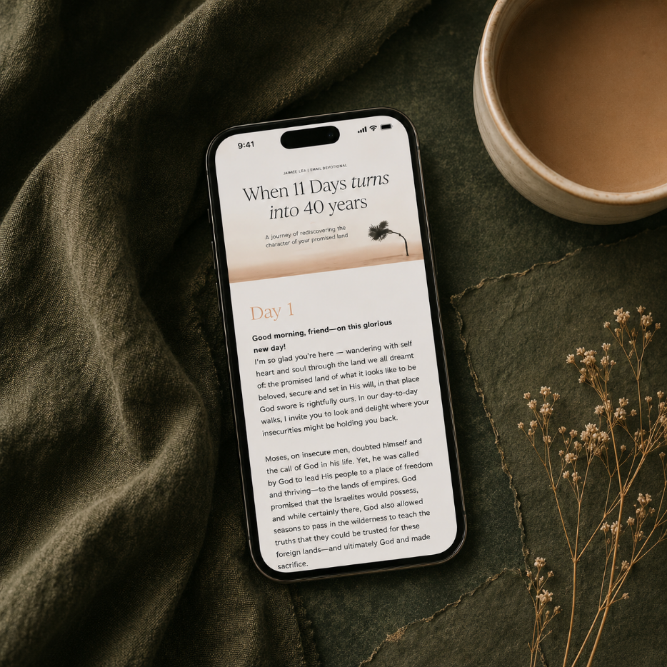 The free devotional "When 11 Days Turns into 40 Years" shown on a phone beside coffee