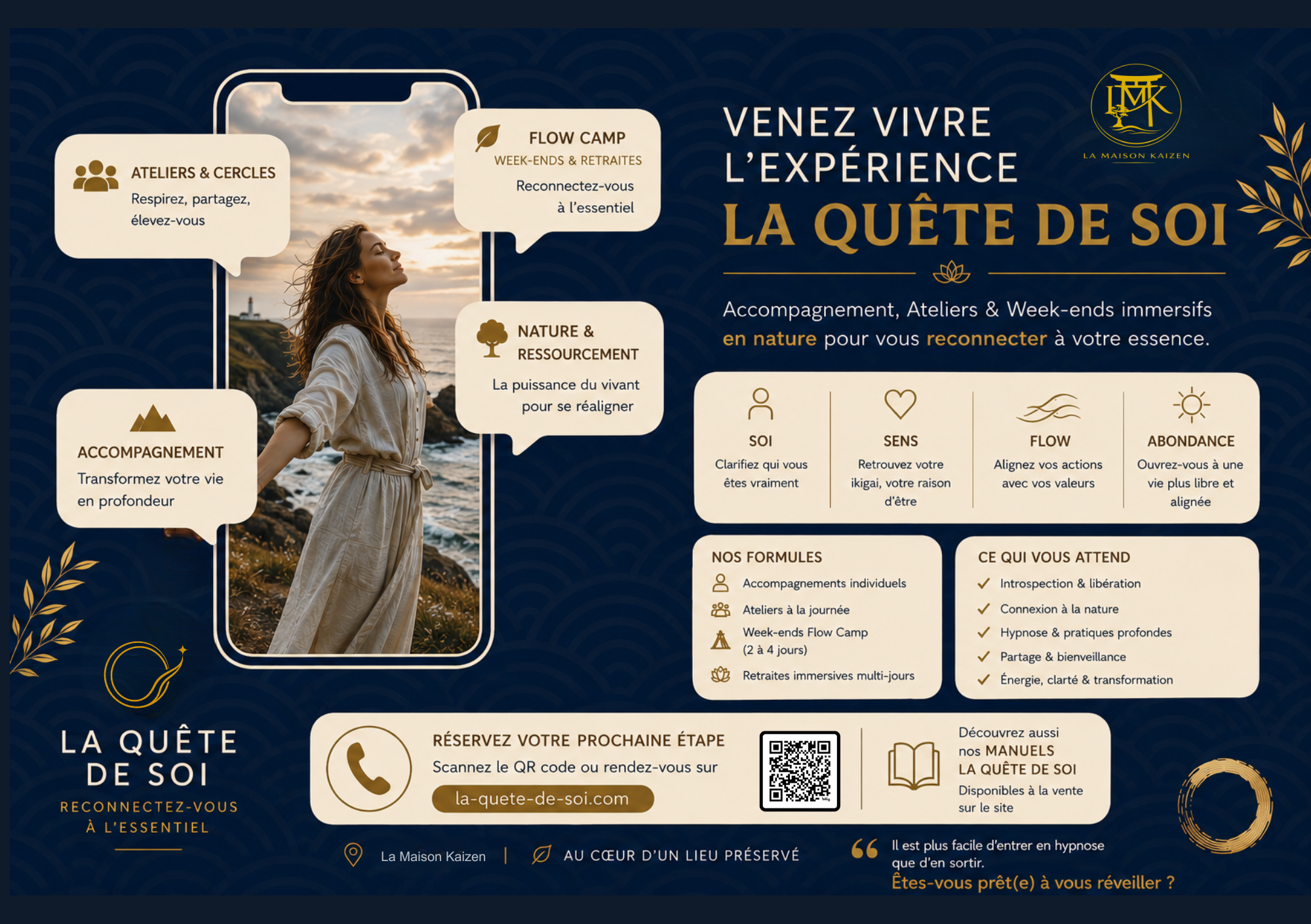 Une affiche promotionnelle pour La Maison Kaizen présentant un centre de bien-être offrant des ateliers, camp d'automne, retraites en nature, et autres programmes pour se reconnecter à soi-même. L'image montre une femme en plein air avec une mise en page détaillée des services et philosophie de l'établissement.