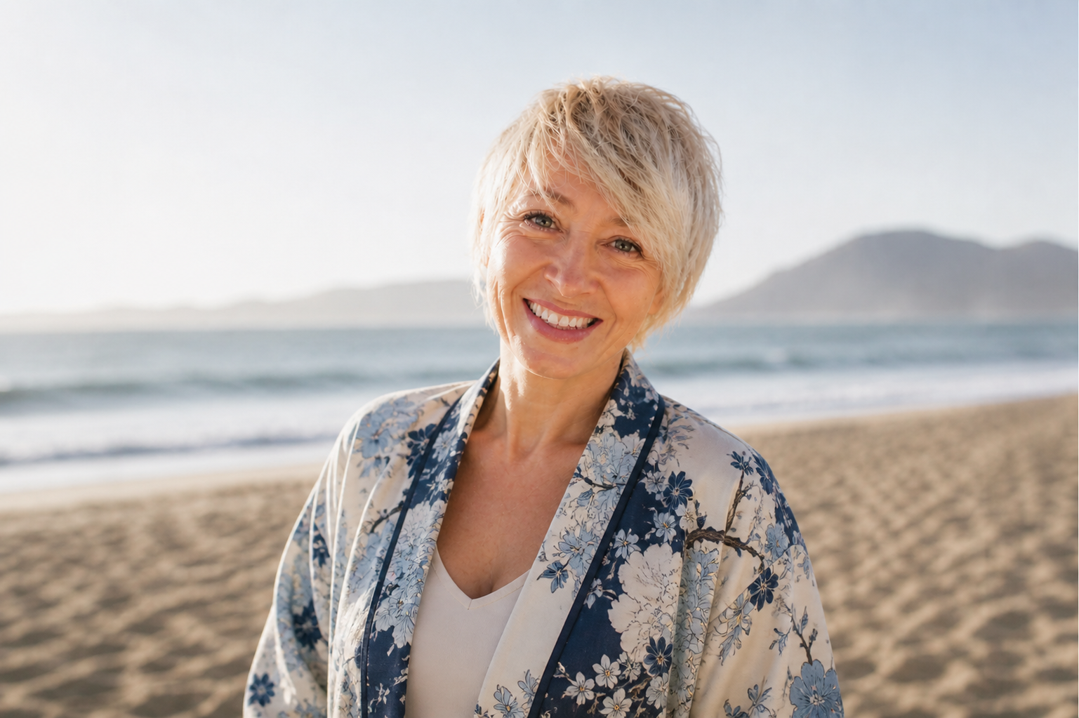 Une femme souriante avec des cheveux courts blond platine, portant une robe ou un kimono à fleurs, se tient sur la plage avec l'océan et des montagnes en arrière-plan, sous un ciel clair.