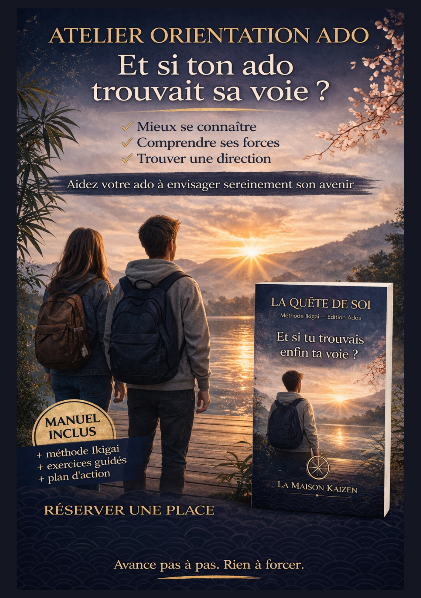 Flyer de présentation de La Quête de Soi, accompagnement adolescents et etudiants de développement personnel inspiré du Kaizen, de l'Ikigai et de la reconnexion à soi.