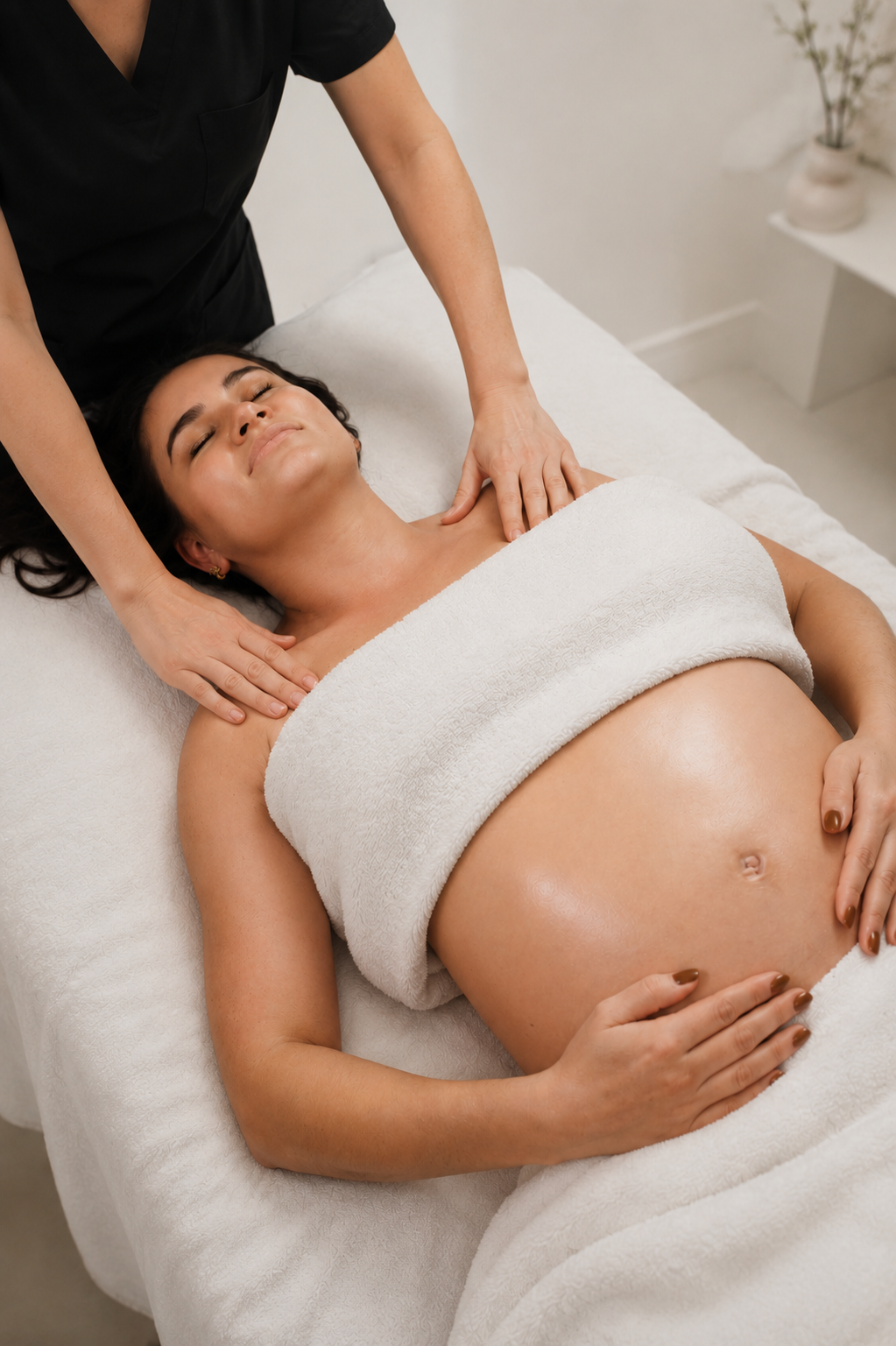 Une femme enceinte allongée sur une table de massage, en train de recevoir un massage du cou et du haut du corps, avec une serviette blanche couvrant sa poitrine