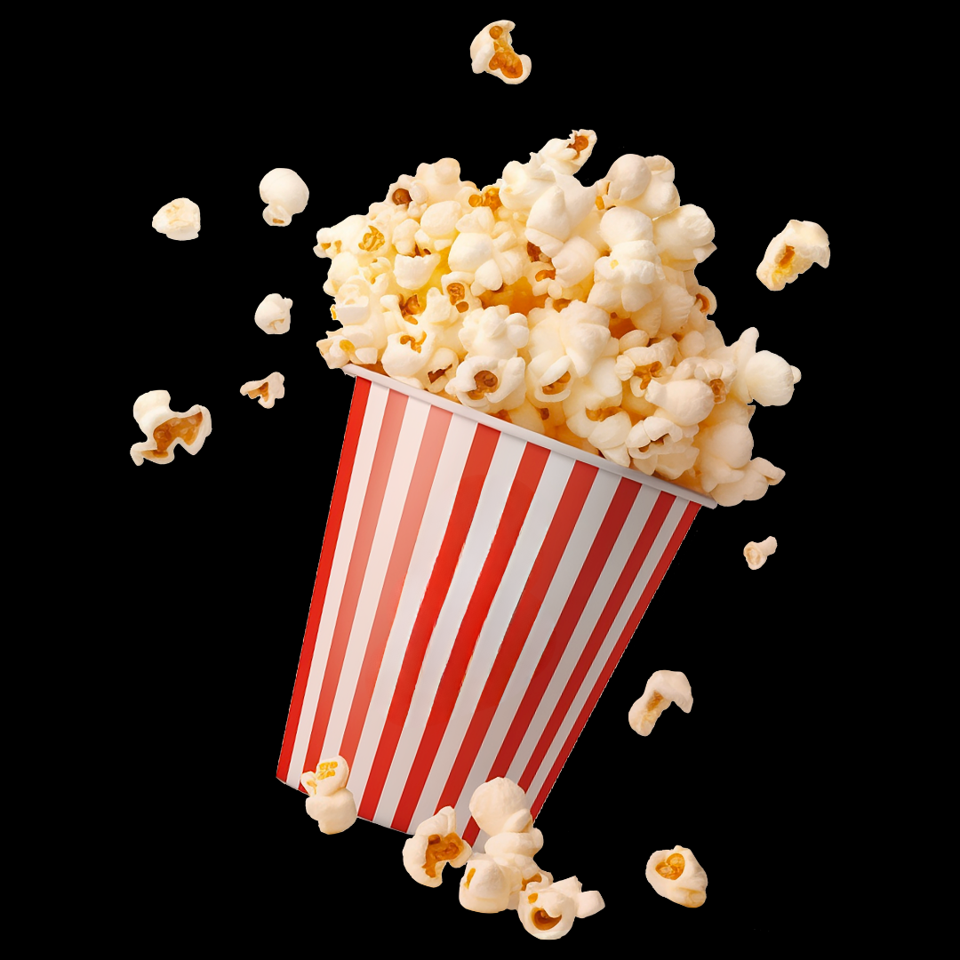 Un seau de popcorn posé au centre, avec des grains de popcorn qui tombent autour, contre un fond noir.