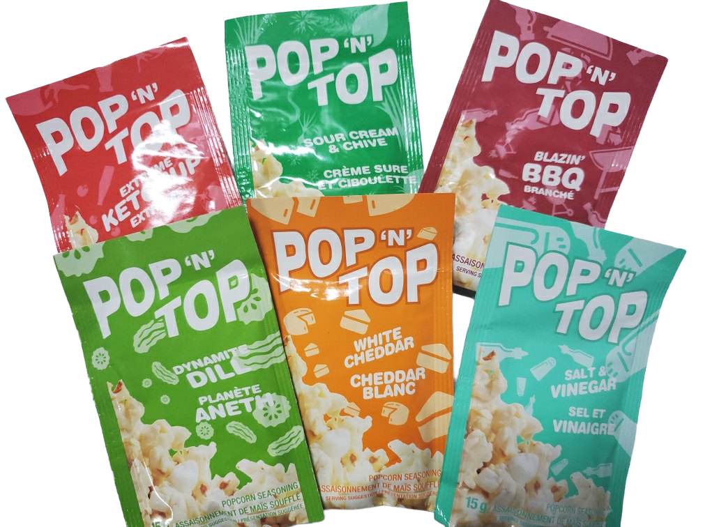 Paquets d'assaisonnements à popcorn de la marque Pop 'n' Top de différentes saveurs et couleurs.