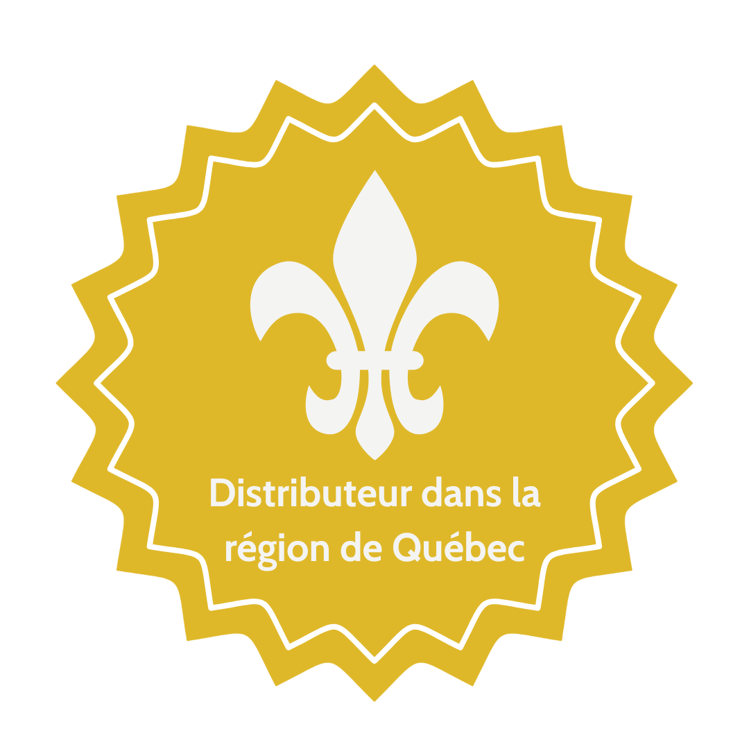 Badge doré avec un symbole de fleur de lys blanc au centre. Le texte en français indique "Distributeur dans la région de Québec".