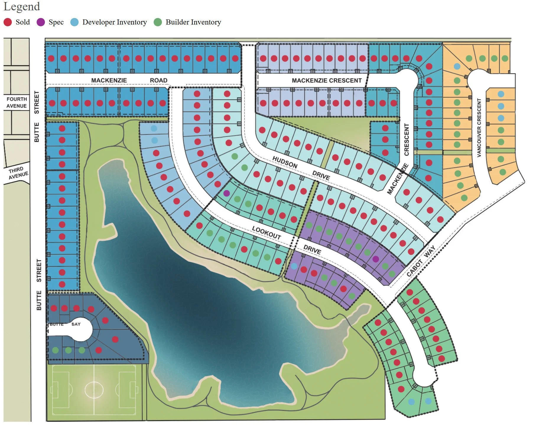 A detailed map of a residential community showing streets, lots, and amenities, with a lake in the center, labeled with a legend for sold, spec, developer, and builder inventory homes.