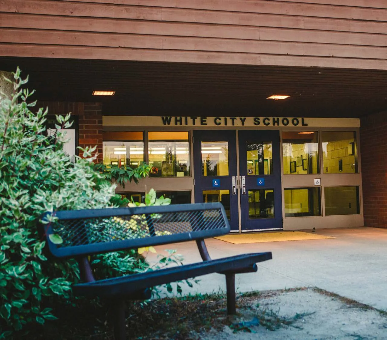 Entrance to White City School with double doors, blue handicap signs, and a bench outside, surrounded by green bushes.