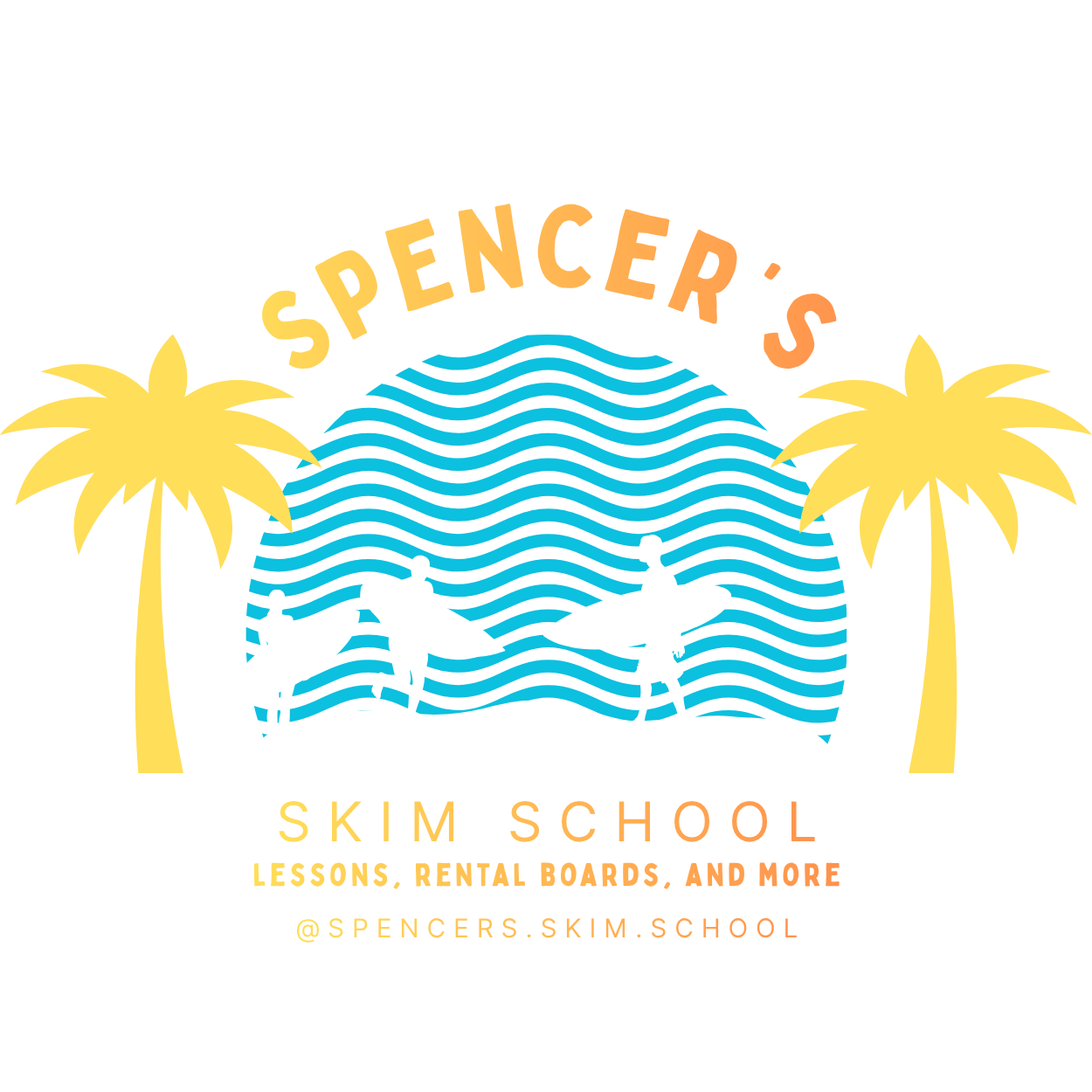 Logo featuring surfers with a sunset background.