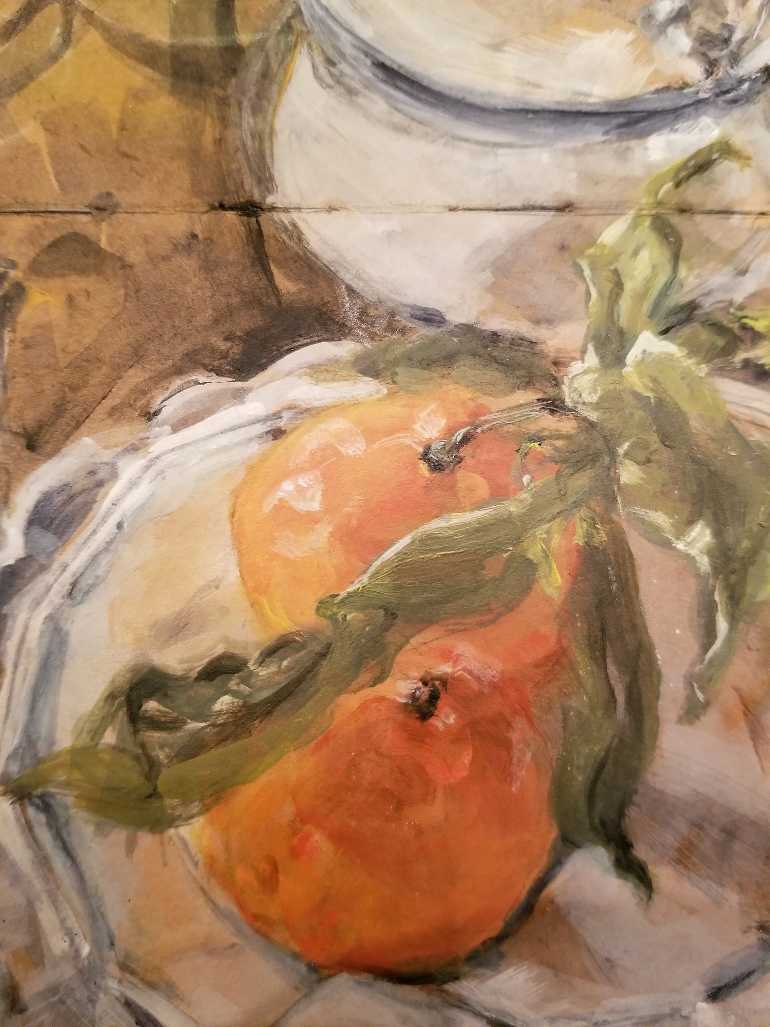 Close-up of a hand-painted still-life artwork featuring an orange pumpkin, green leafy stems, and a white ceramic jug against a muted background.