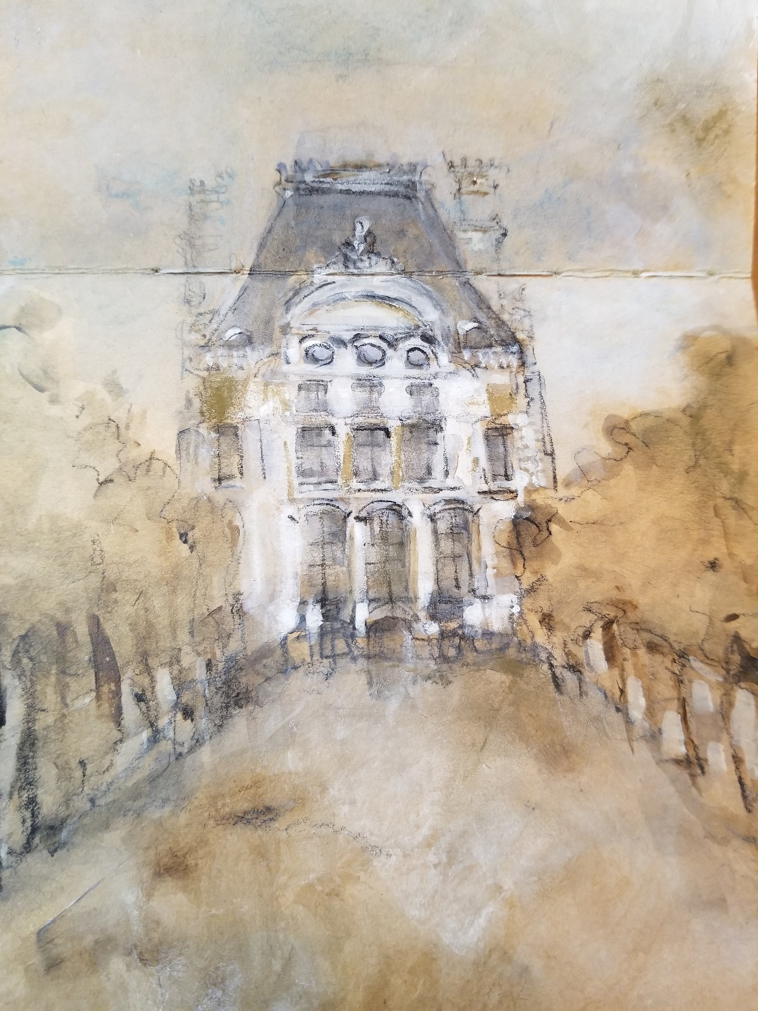 Drawing of a multi-story building with arches and an ornate roof, sketched on textured paper.
