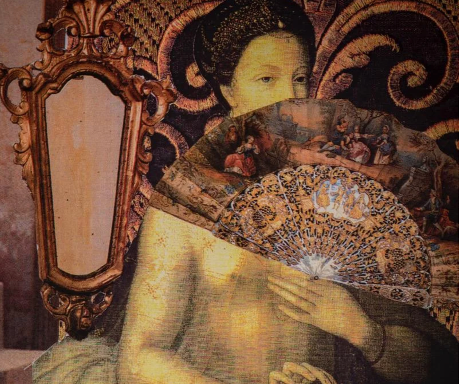 This is a close-up image of a painting. The painting features a woman with an elegant hairstyle, a fan covering part of her face, and an ornate mirror frame behind her. The fan has intricate designs and depicts a scene with several figures.