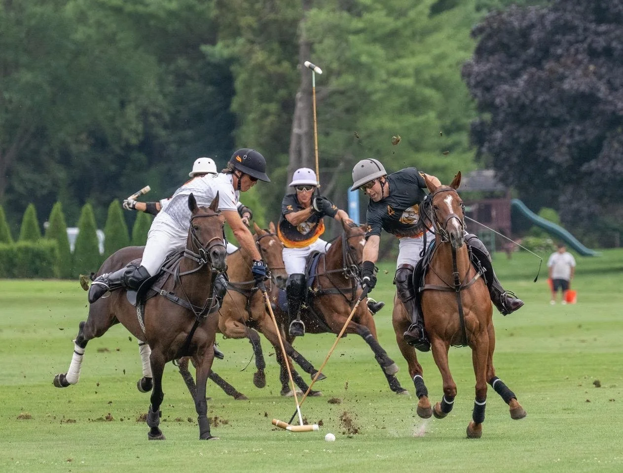 Four polo players on horseback competing for the ball on a grassy field, with trees and a slide in the background.