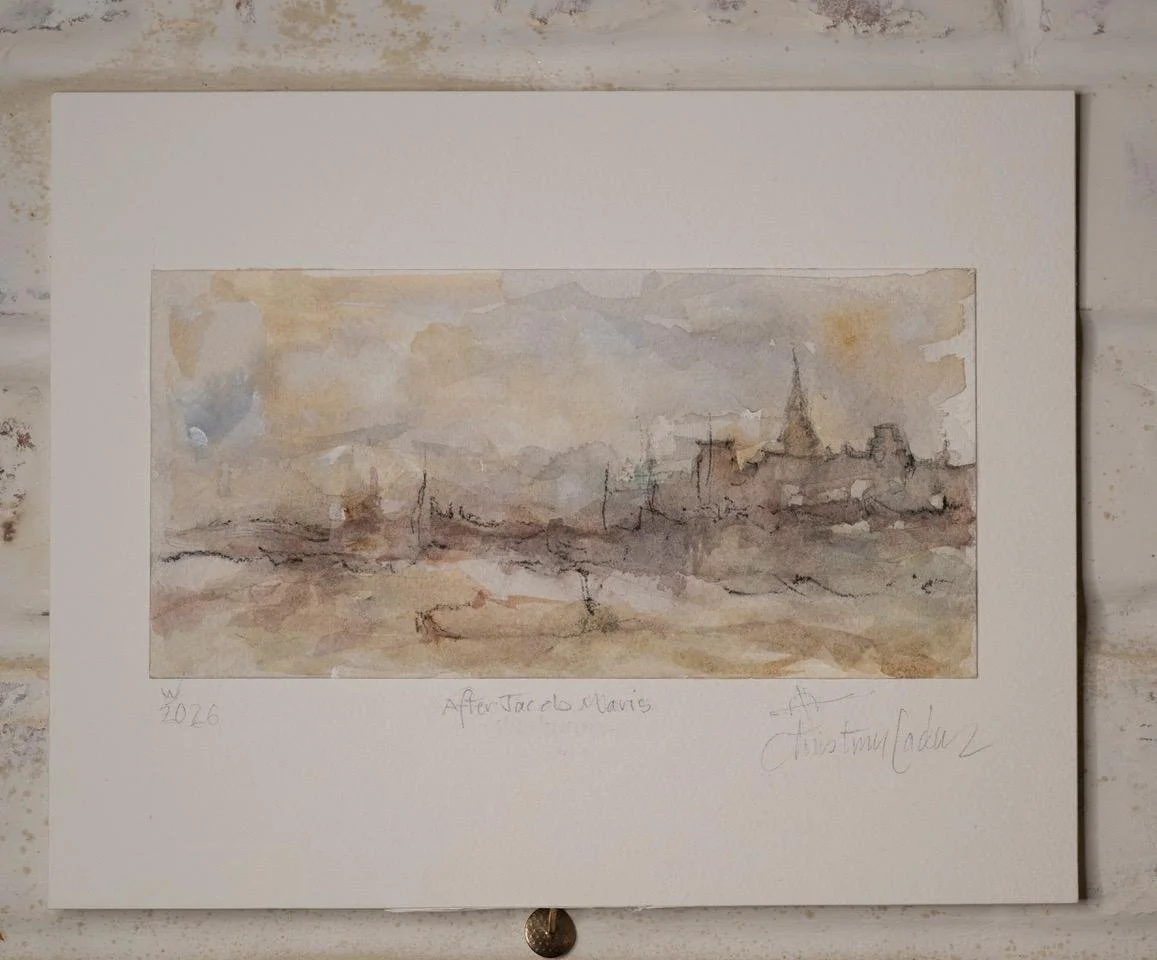 View of the City - After Jacob Maris - Watercolor in Vintage Wood Frame