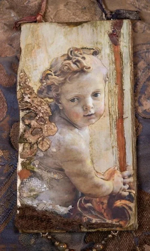 A damaged, vintage-style book cover featuring a painting of a cherubic boy with curly hair, holding a stick, with visible signs of wear and decay.
