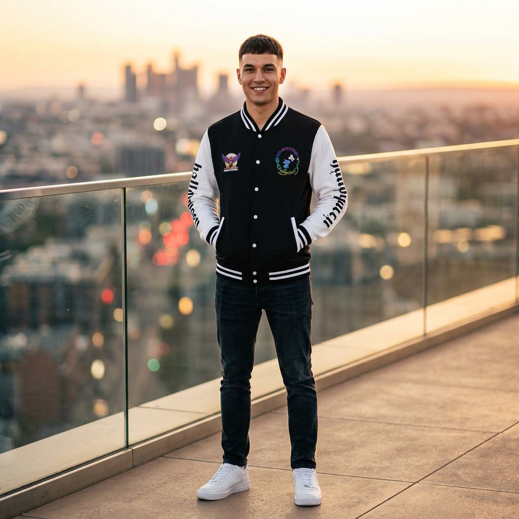 A young man standing outdoors on a balcony at sunset, wearing a black and white varsity jacket with patches, dark jeans, and white sneakers, smiling at the camera.